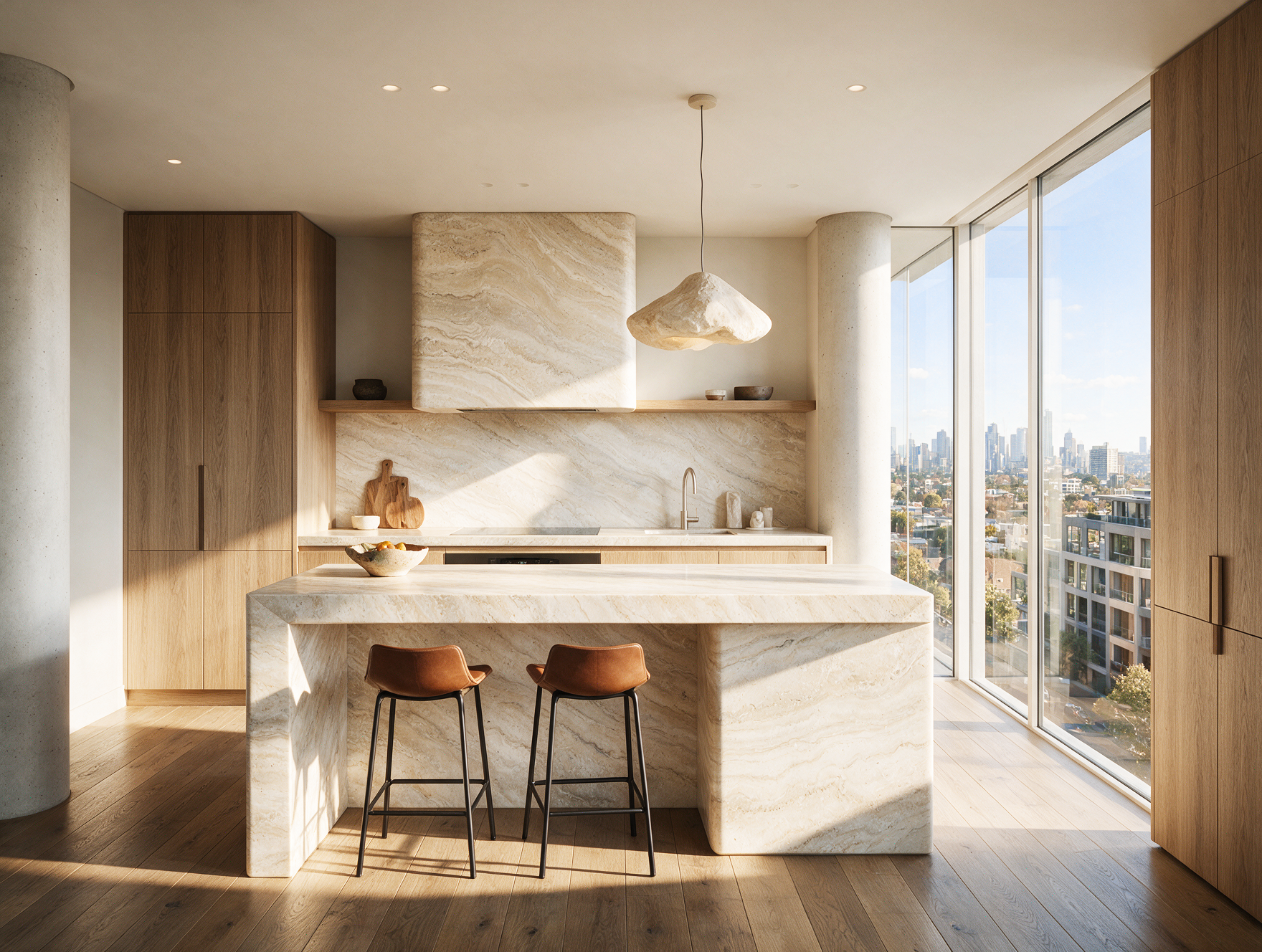 Luxury kitchen architectural visualisation at South Yarra House featuring premium stone surfaces and timber cabinetry.