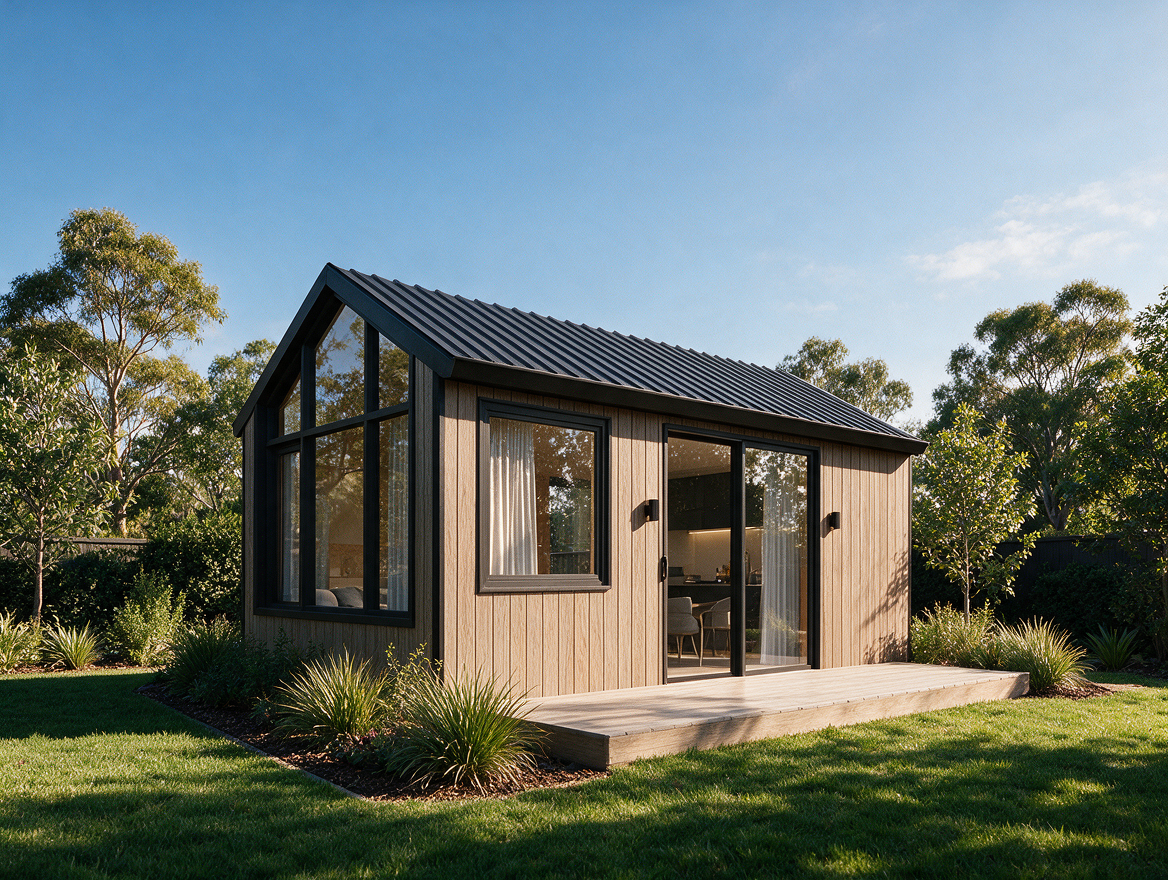 3D architectural visualisation of a compact modern home with pitched roof and premium exterior materials.