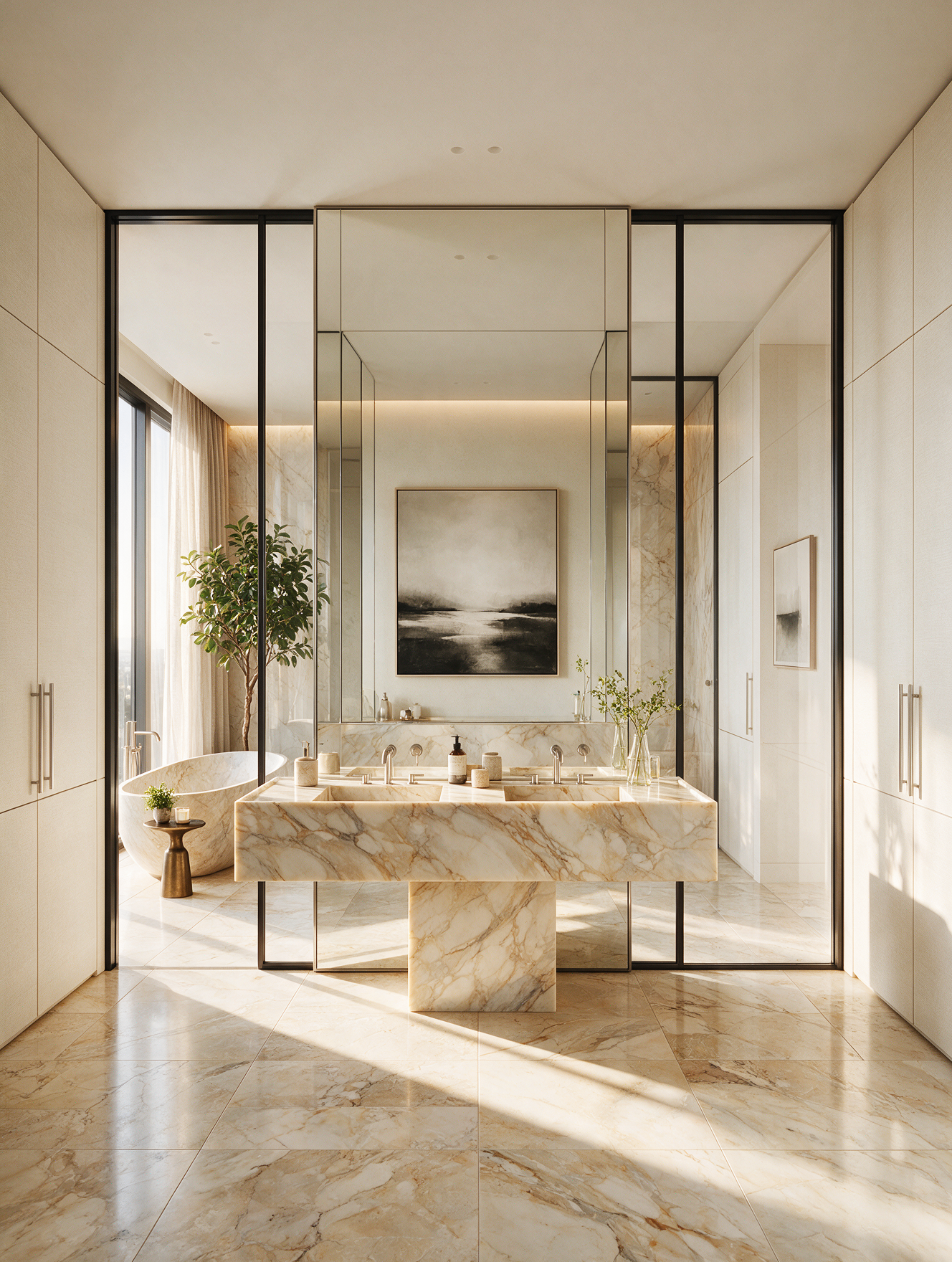 Luxury bathroom 3D rendering at South Yarra House featuring natural stone finishes and contemporary interior architecture.