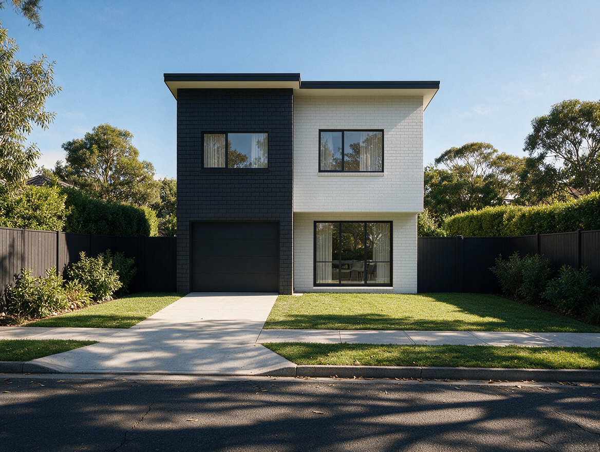 3D visualisation of a contemporary two-storey residential home with minimalist architectural design.