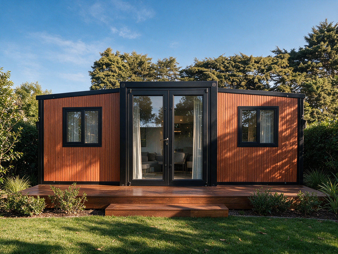 Architectural visualisation of a compact modern cabin featuring timber cladding and contemporary design.
