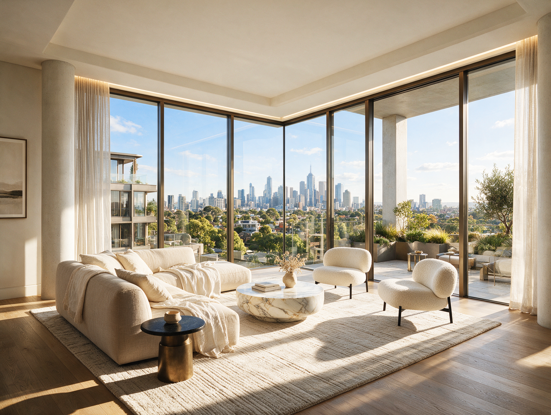 Photorealistic architectural rendering of the living room at South Yarra House with panoramic Melbourne skyline views.