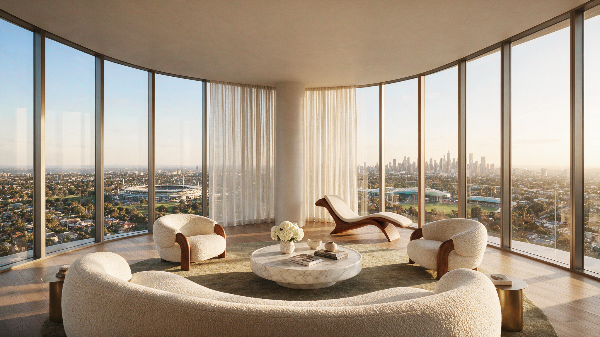 Elegant living room inside 437 St Kilda Road apartments overlooking Melbourne skyline through floor-to-ceiling windows.