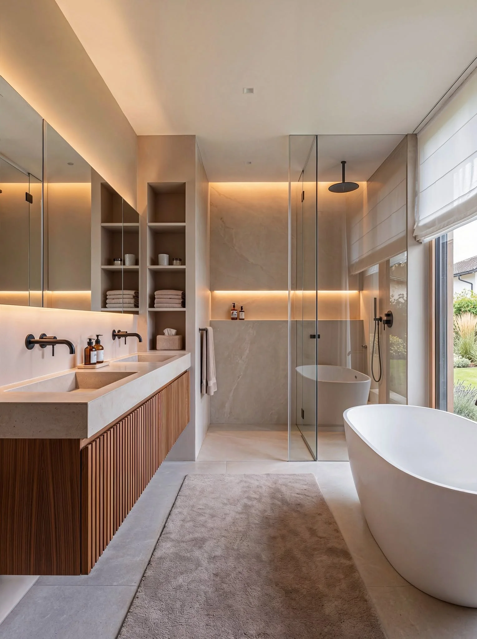 Luxury lodge bathroom 3D rendering featuring natural stone finishes, walk-in shower, modern vanity, and premium hospitality interior design.