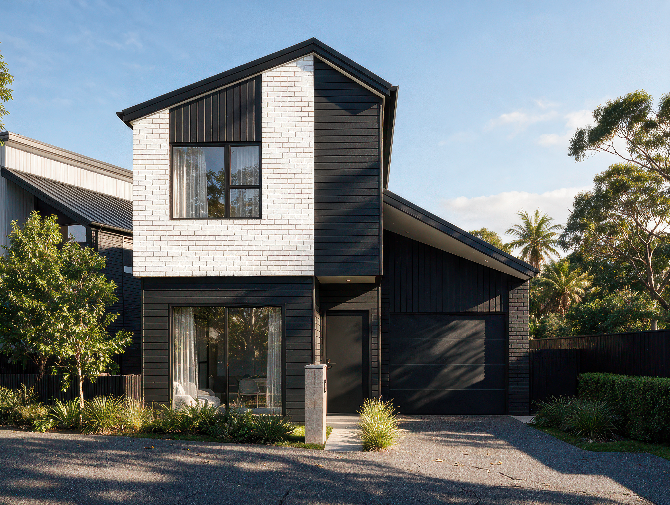 Luxury modern townhouse with dark exterior cladding, contemporary architecture and minimalist landscaping.