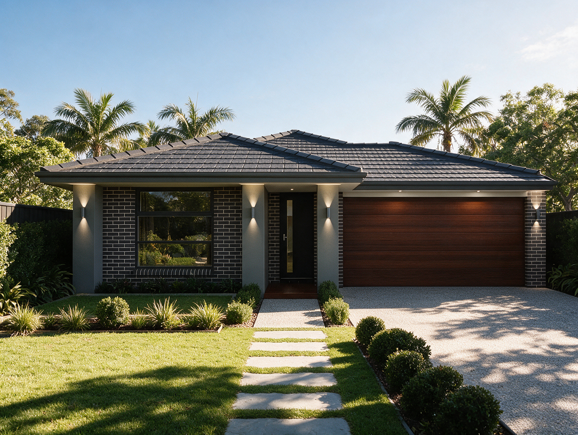 Luxury residential architectural visualisation featuring a contemporary family home with timber and stone finishes.