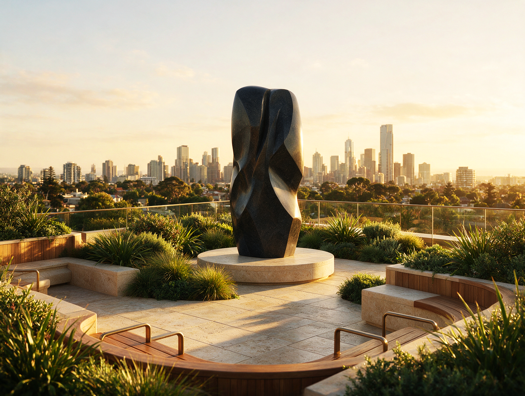 Landscaped rooftop terrace with sculptural artwork overlooking Melbourne skyline at 437 St Kilda Road apartments.