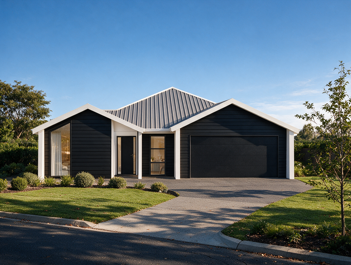 Photorealistic architectural rendering of a modern duplex residence with contemporary Australian architecture.