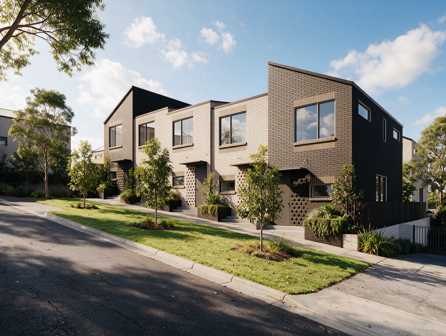 3D architectural render of modern multi-unit townhouse exterior frontage at 11-15 Edgerley Avenue, Newmarket, Auckland.