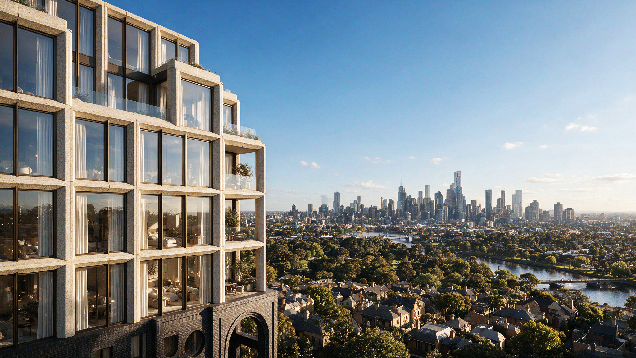 Architectural visualisation of South Yarra House overlooking the Melbourne CBD skyline with luxury residential design.
