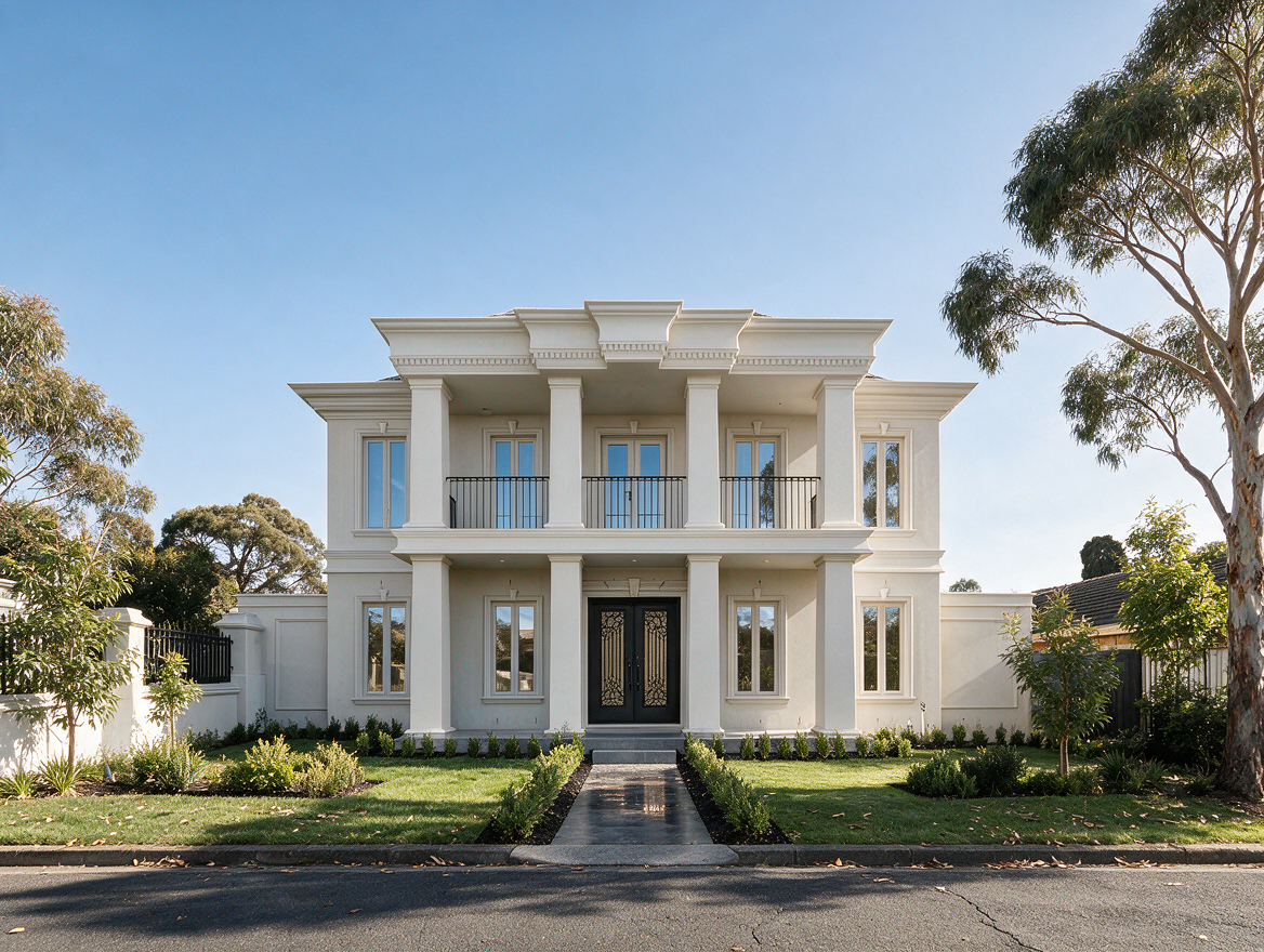 3D architectural visualisation of a classical luxury residence featuring grand columns and landscaped gardens.