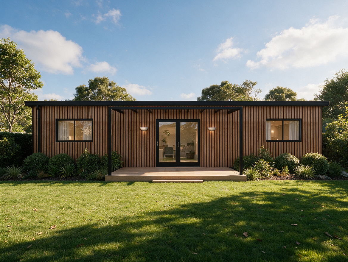 Photorealistic 3D rendering of a luxury tiny home featuring timber screening and contemporary architecture.