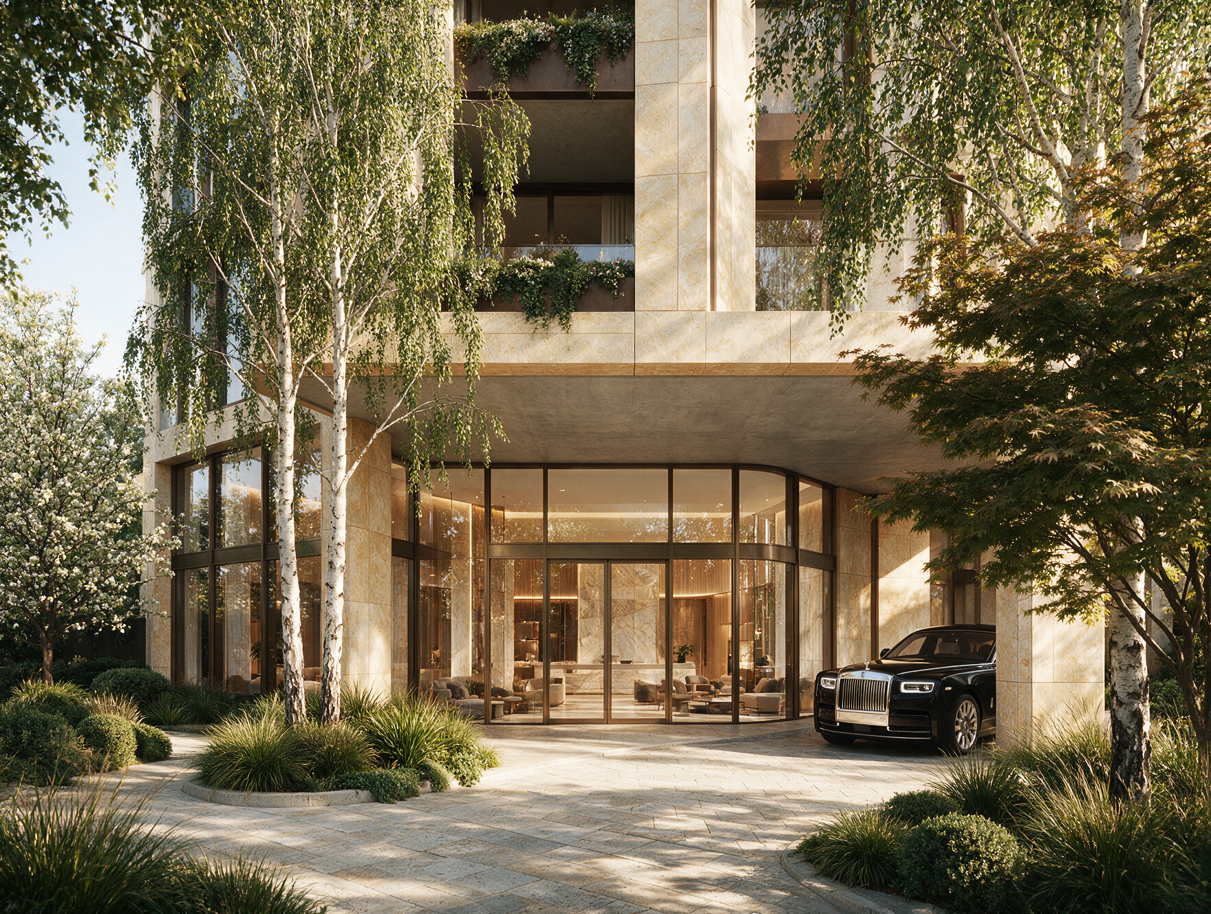 Luxury entrance lobby at 437 St Kilda Road apartments with landscaped gardens, premium materials and contemporary architecture.