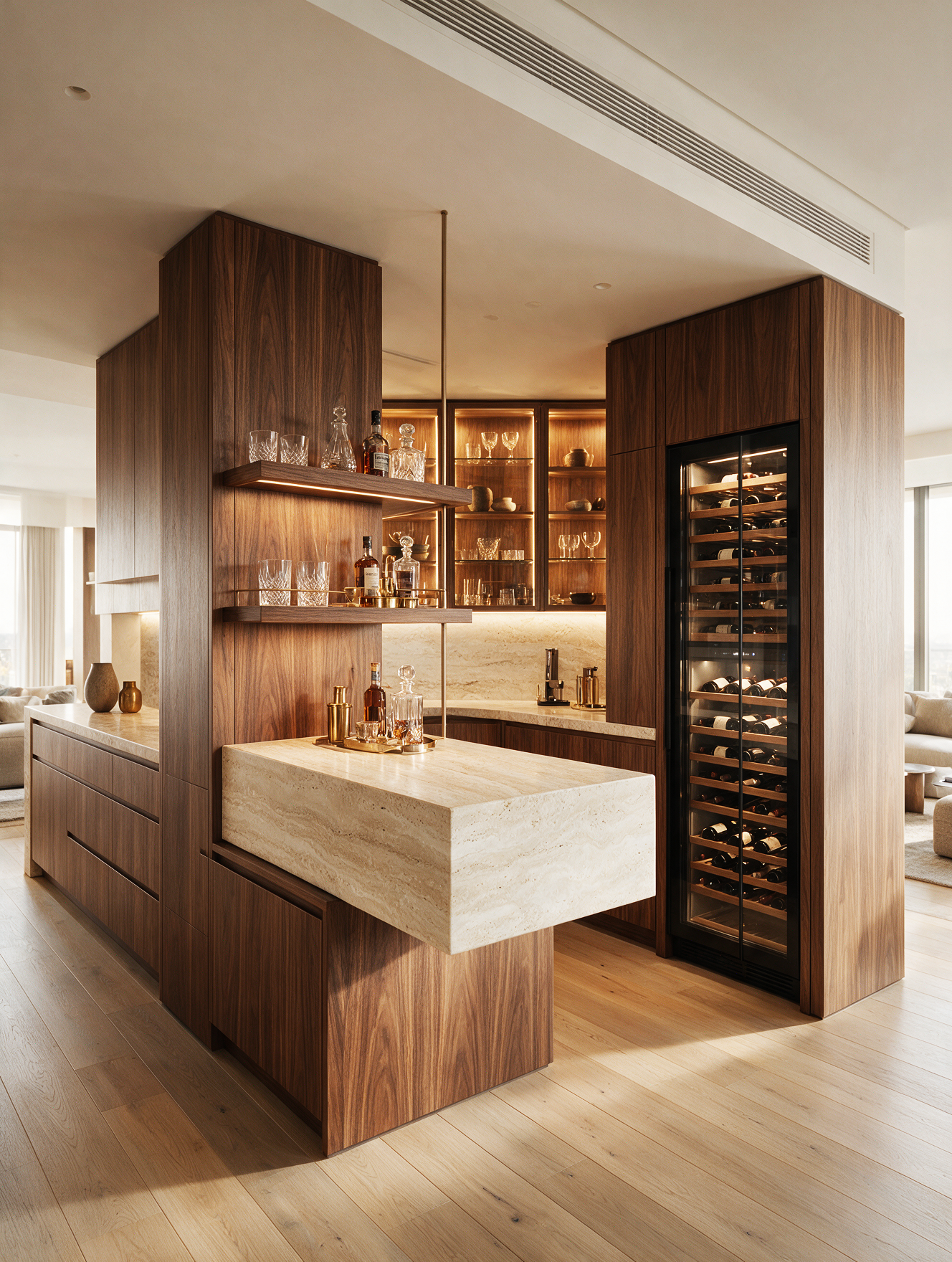 Luxury wine cellar and tasting room featuring timber cabinetry, stone benchtops, and integrated wine storage.