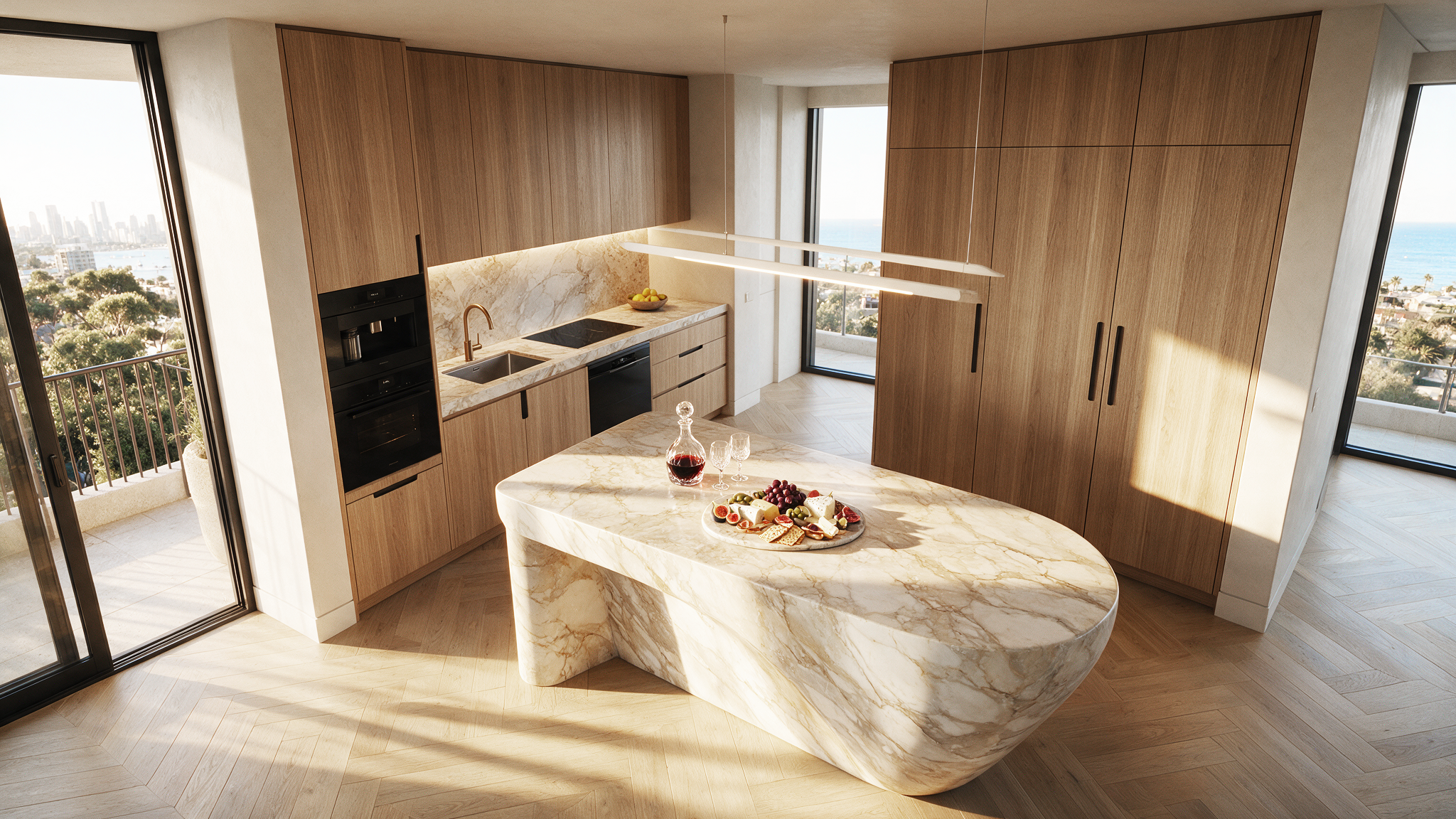 Luxury apartment kitchen interior at 437 St Kilda Road featuring natural stone island, timber cabinetry and modern open-plan living.