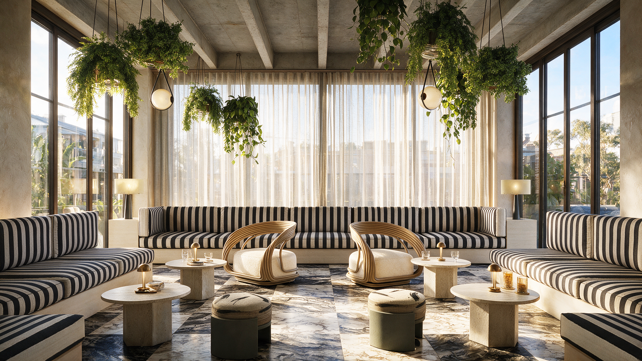 Outdoor resident courtyard with landscaped gardens, timber pergolas, modern seating, and luxury communal dining spaces.