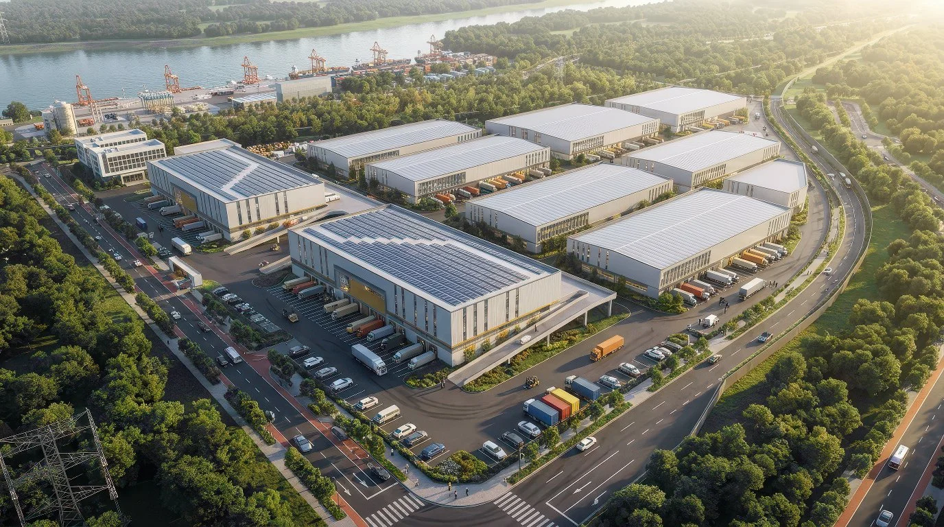 High-angle aerial 3D render of a large industrial warehouse complex with multiple distribution bays, solar panels, and parking lots.