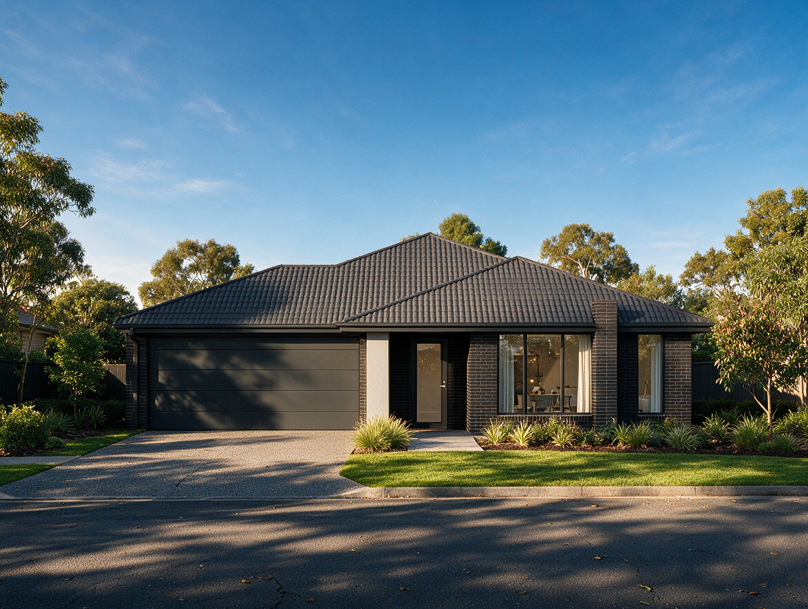 Architectural rendering of a modern brick family home with premium landscaping and realistic lighting.