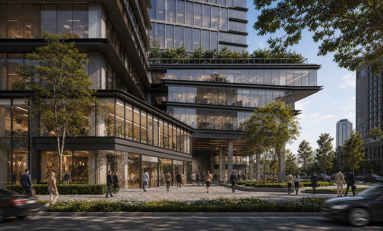 Ground-level entrance courtyard at Aoti Vanke Centre with illuminated retail spaces, layered balconies, mature trees and premium commercial landscaping.
