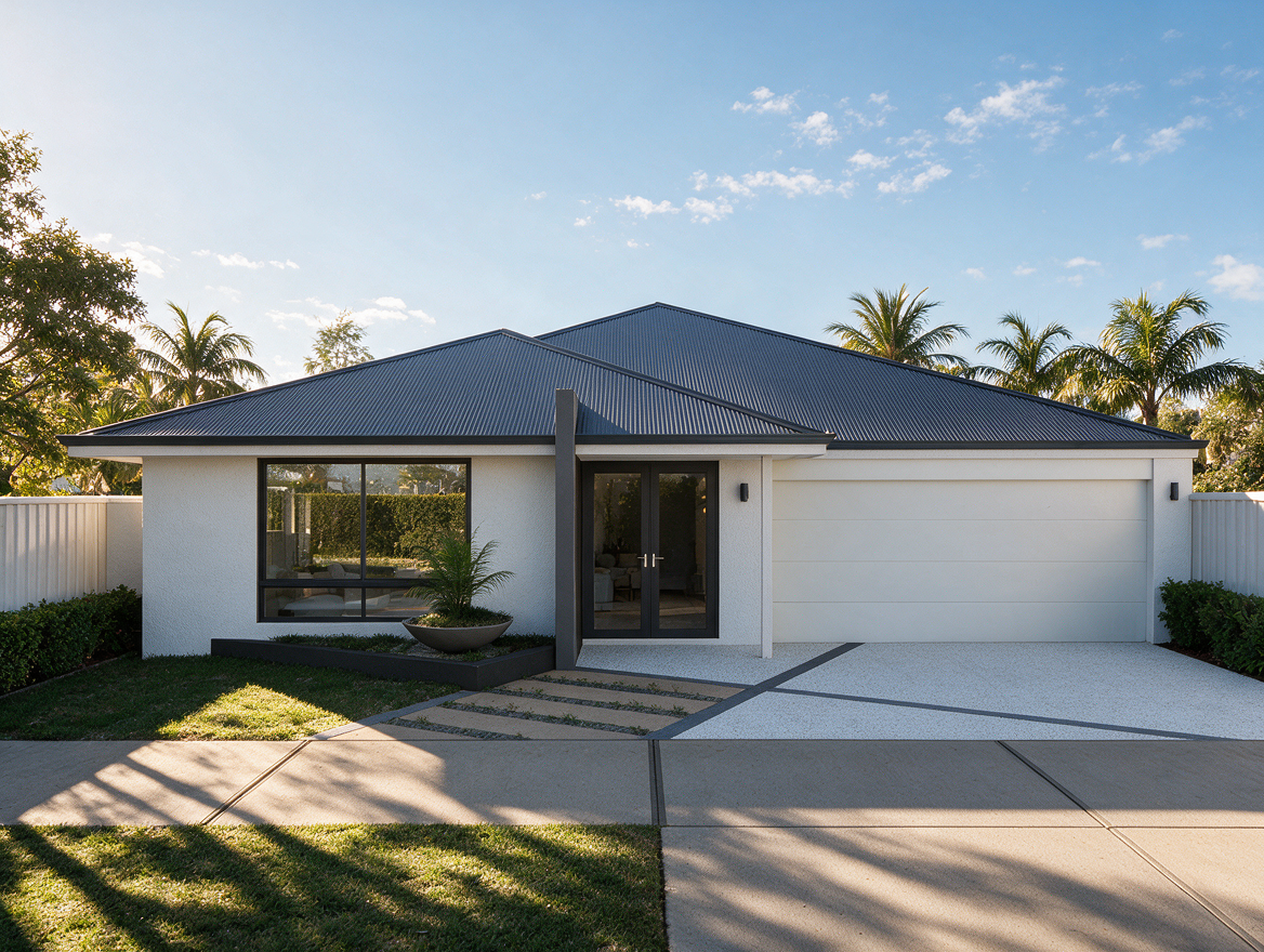 Contemporary single-storey family home with modern façade, concrete driveway and landscaped garden.
