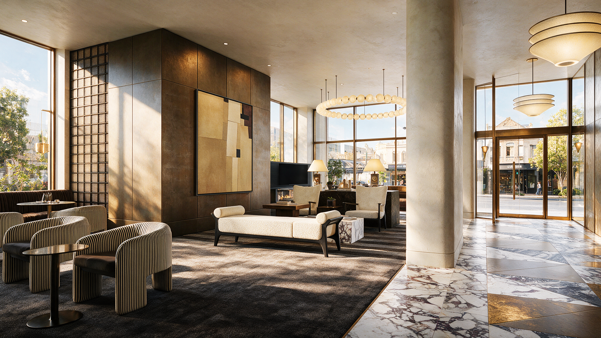 Premium porte-cochère entrance with natural stone finishes, landscaped surrounds, and luxury apartment arrival experience.