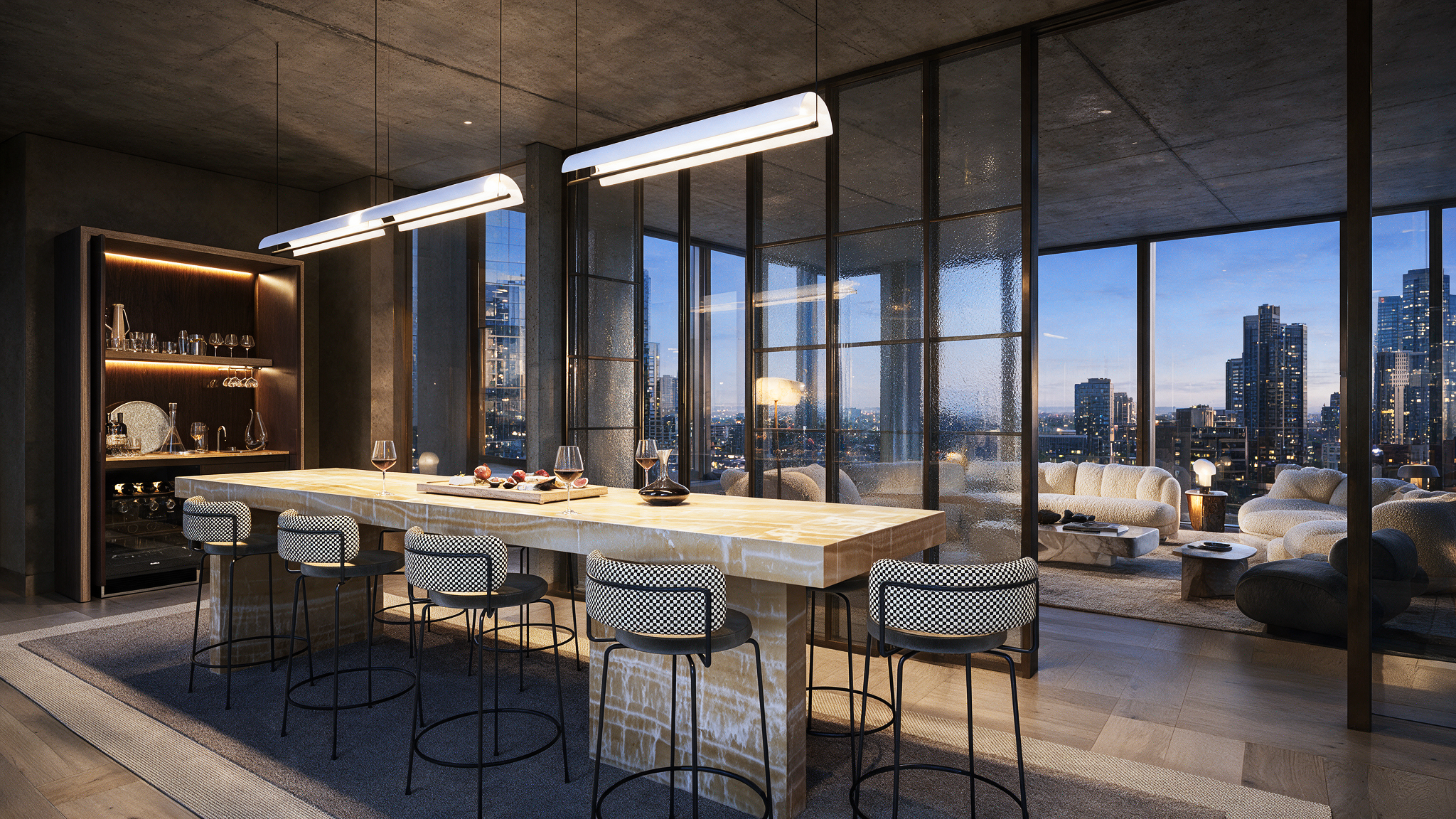Modern residents' lounge overlooking Melbourne skyline with expansive glazing, designer furniture, and premium finishes.