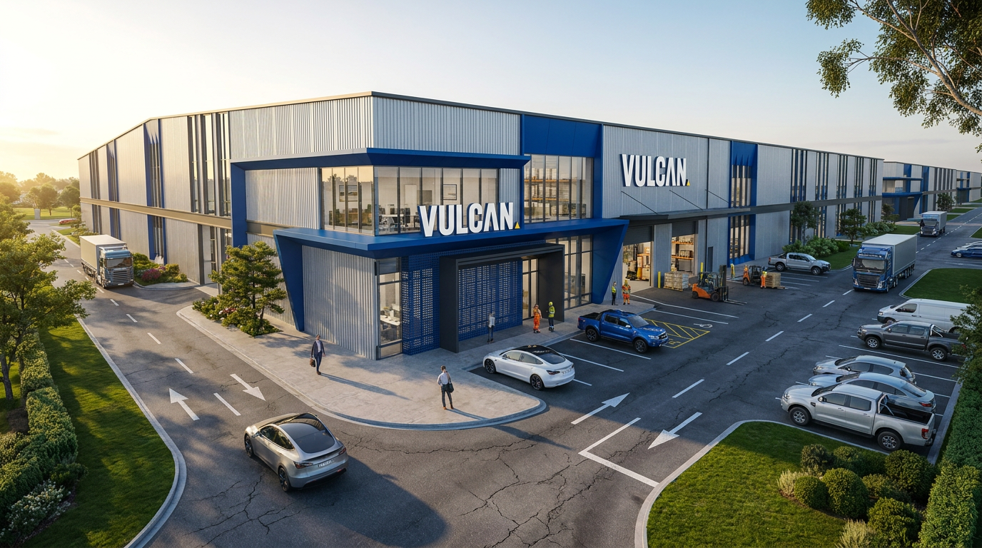 Photorealistic 3D architectural rendering of a modern industrial warehouse on a street corner with large glass windows and delivery trucks.
