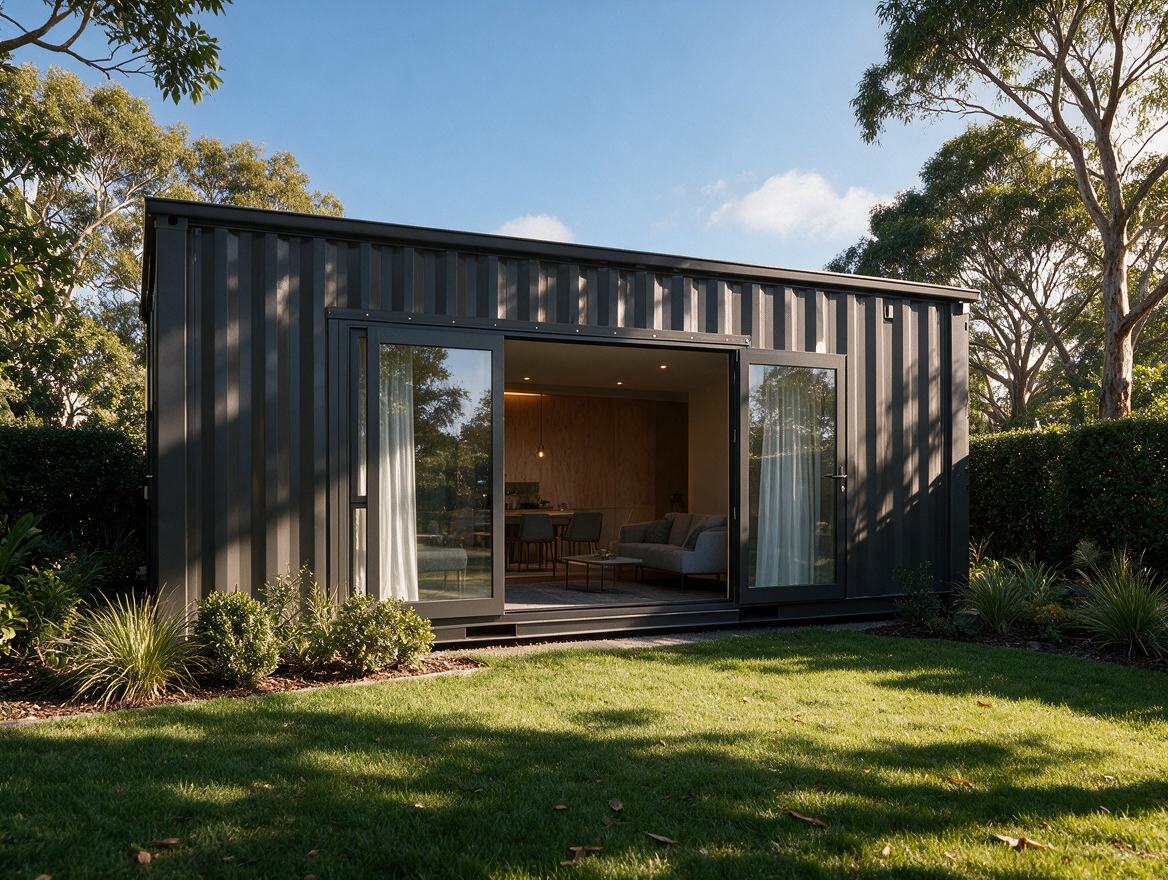 Photorealistic 3D architectural visualisation of a modern container home with outdoor living space.