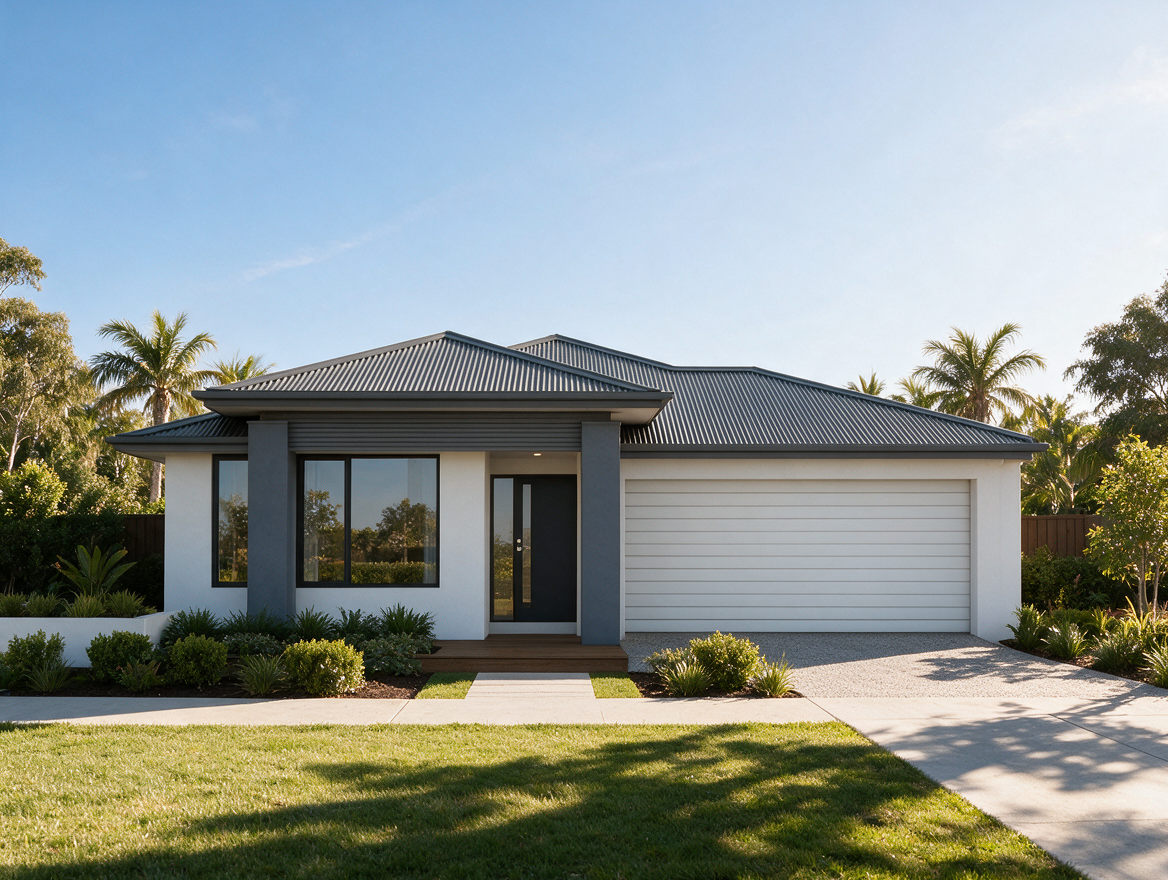 Architectural rendering of a contemporary suburban home with minimalist architecture and landscaped front garden.