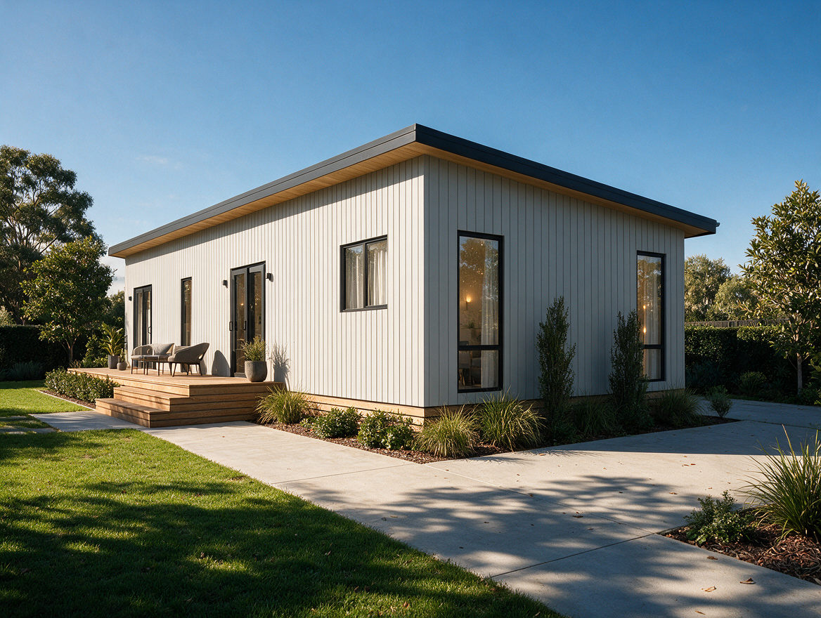 Photorealistic 3D rendering of a modern granny flat with minimalist architecture and landscaped garden.