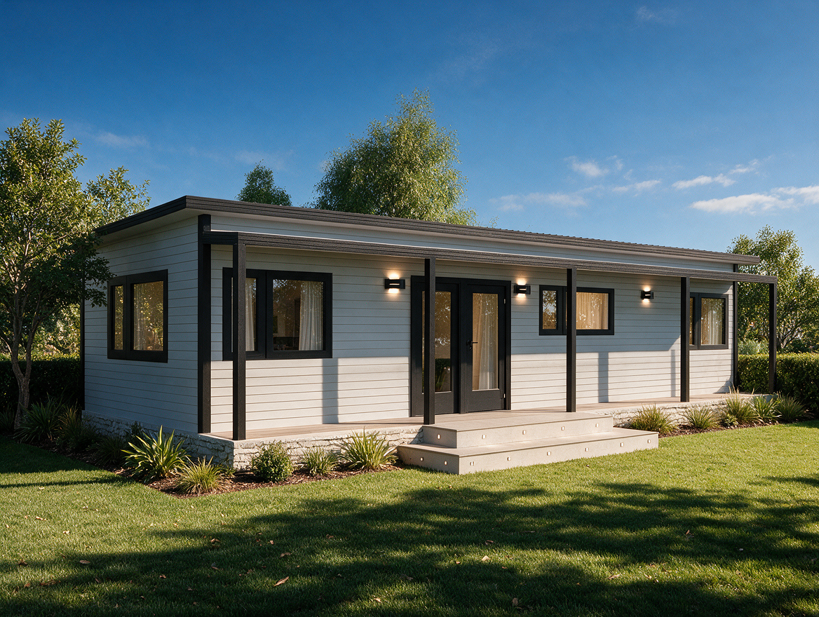 Photorealistic 3D architectural rendering of a contemporary granny flat with modern cladding and landscaped surroundings.