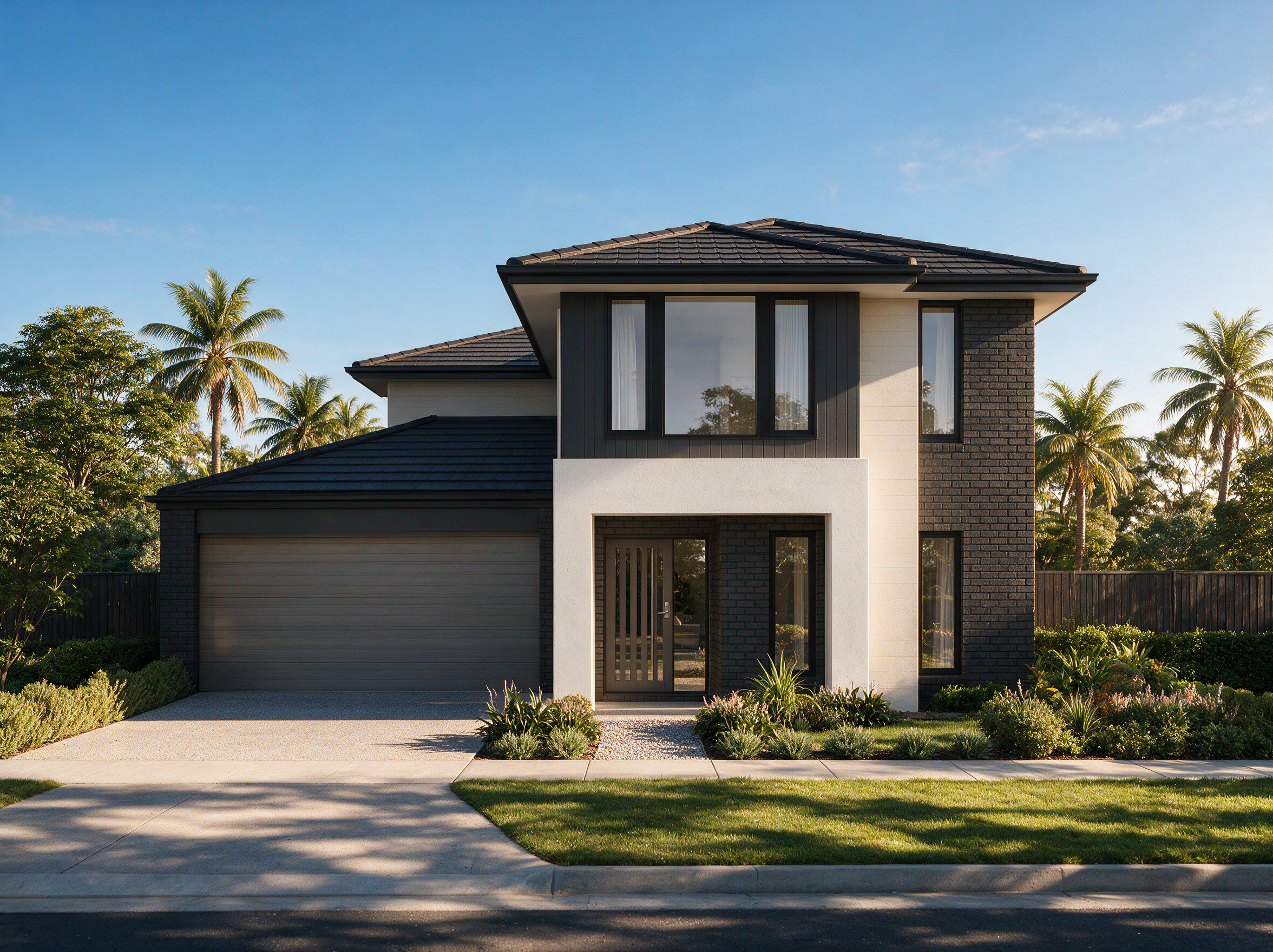 Modern two-storey residential architectural rendering with clean lines, premium finishes and realistic landscaping.