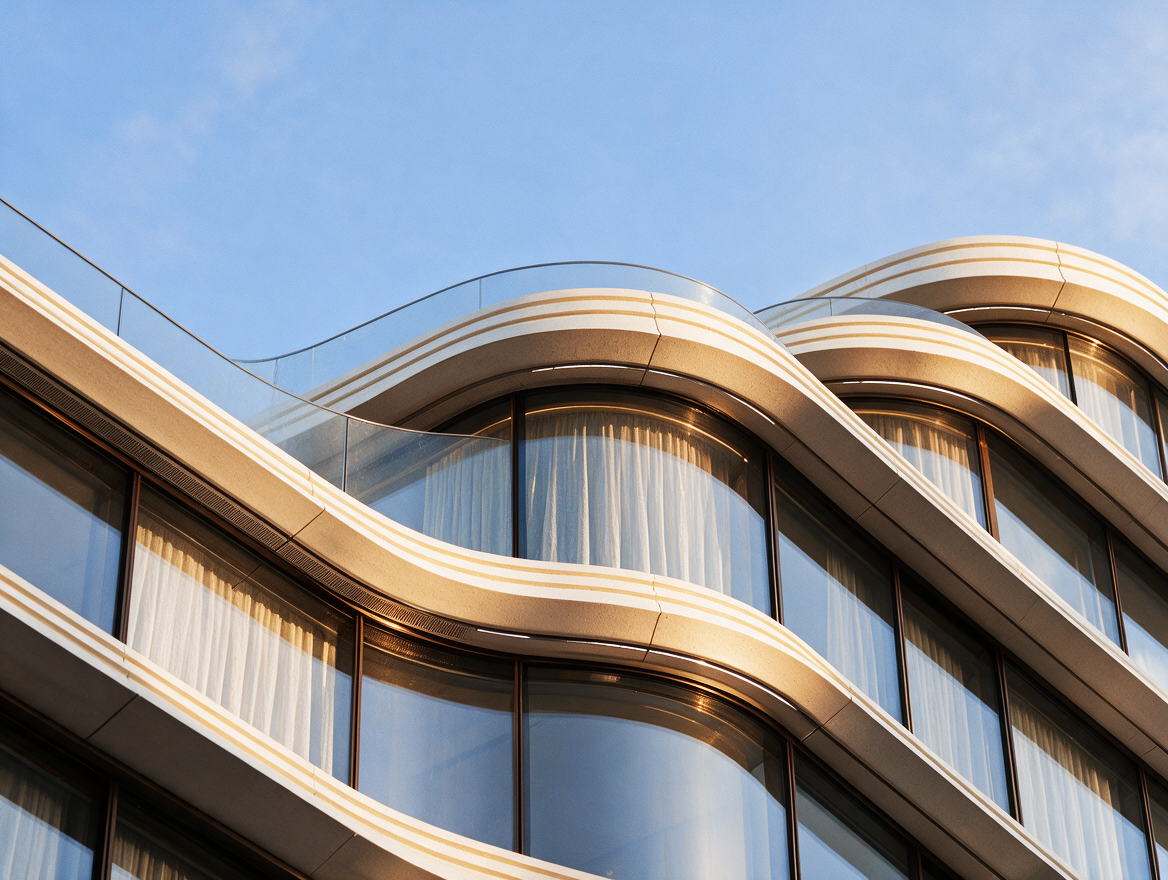 Curved architectural façade of 437 St Kilda Road apartments featuring premium stone finishes, floor-to-ceiling glazing and modern balcony design.