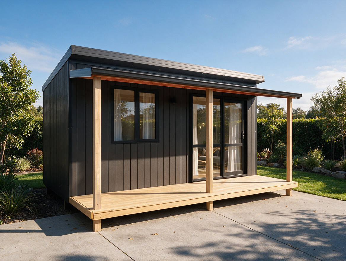 Architectural visualisation of a compact modular home featuring contemporary design and premium exterior finishes.