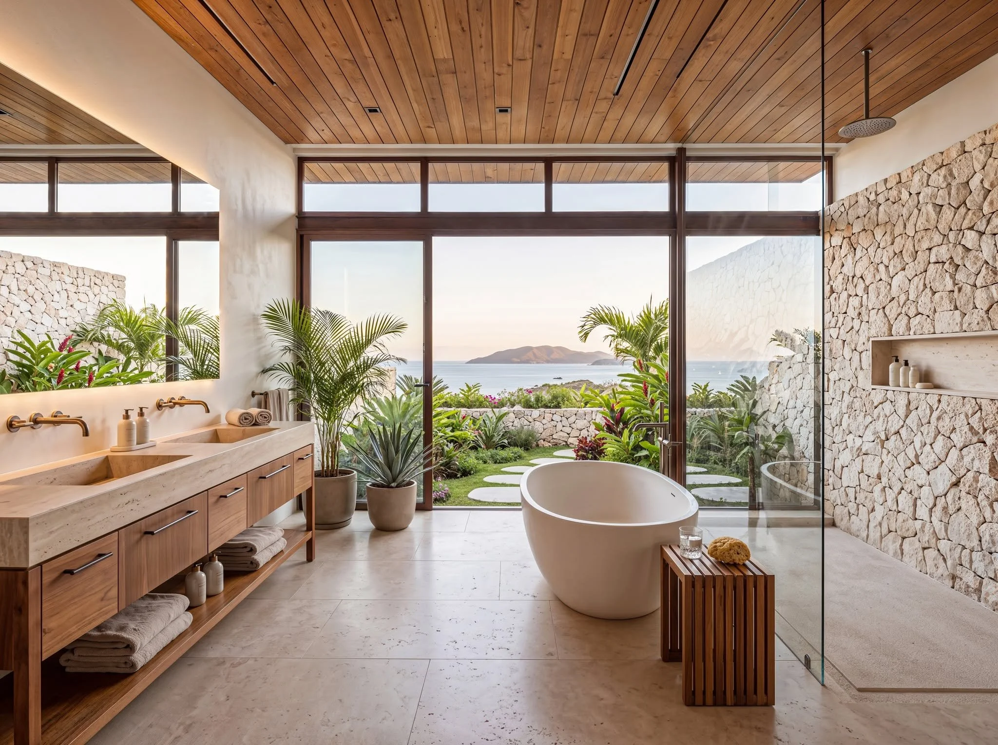 Contemporary luxury bathroom overlooking the waterfront – photorealistic architectural rendering by Mimik Studios