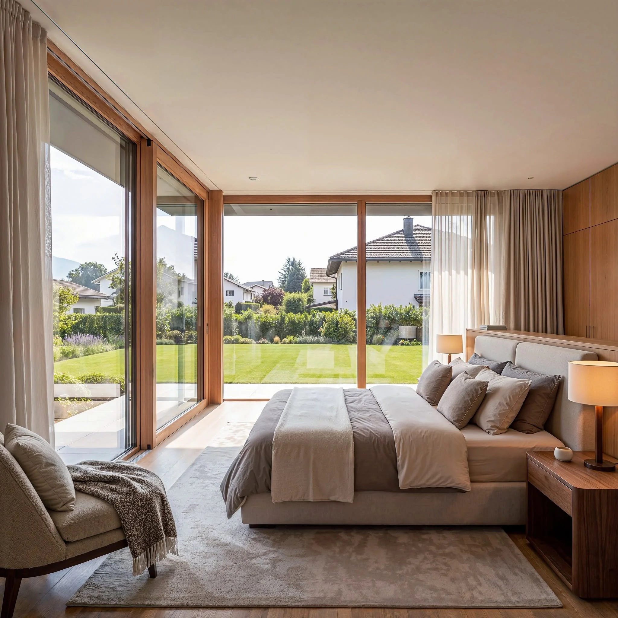 Photorealistic bedroom interior rendering of a luxury Queenstown lodge showcasing natural timber finishes, floor-to-ceiling glazing, and views of the landscaped outdoor courtyard.