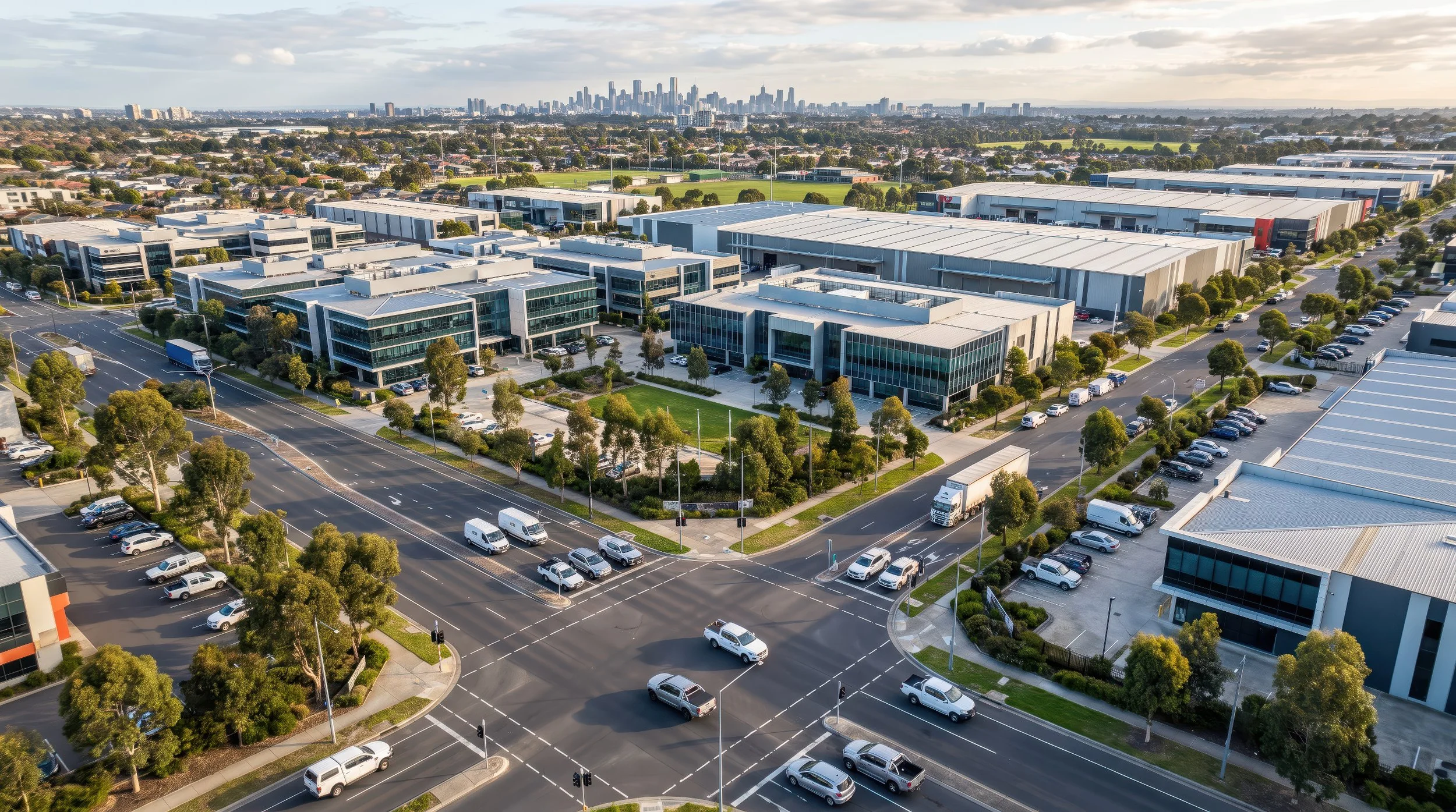 Bird's-eye view architectural rendering of an industrial park intersection with modern logistics warehouses and a city skyline background.