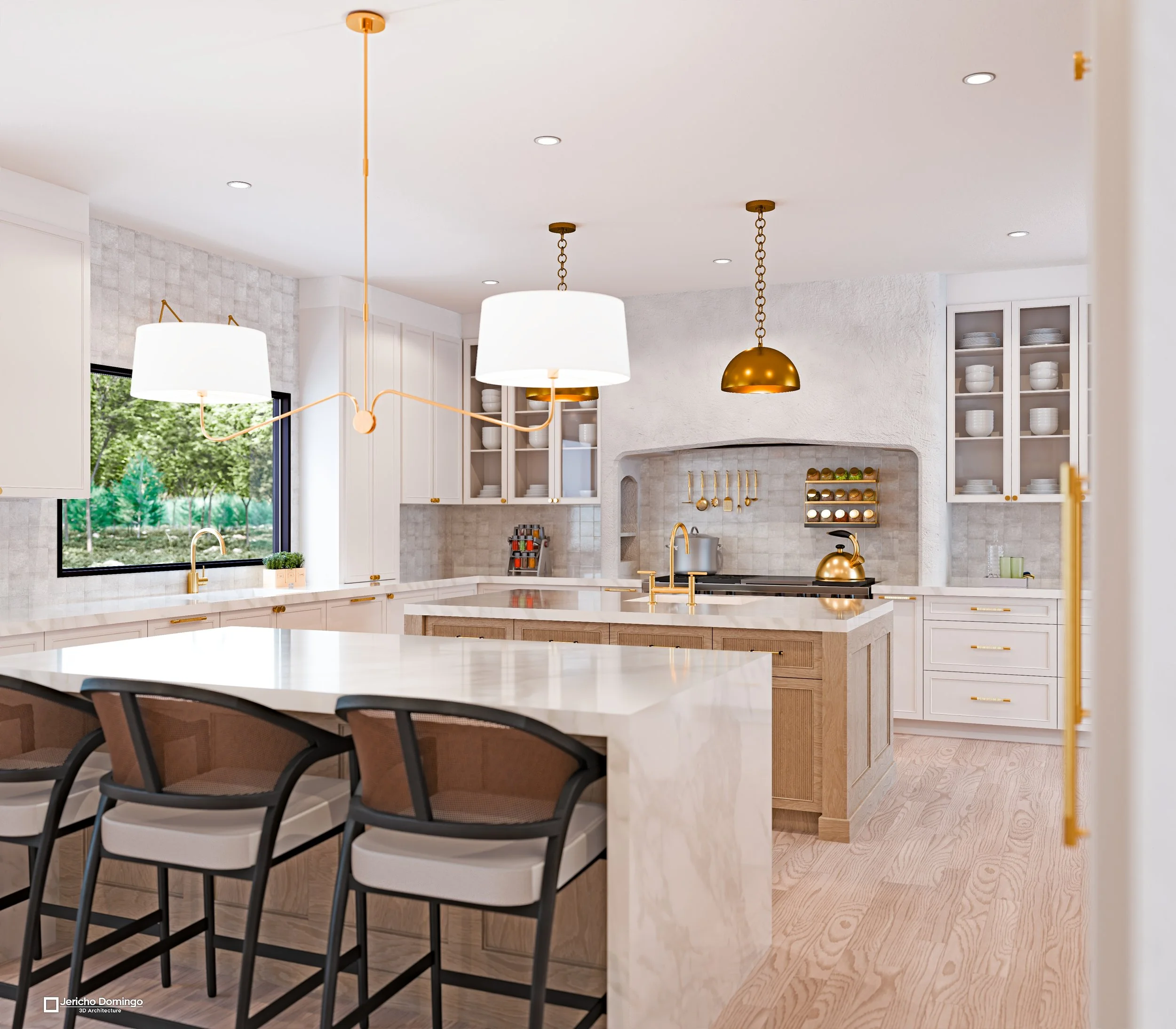 A bright luxury kitchen with two marble-look islands, white shaker cabinets, light oak accents, black-framed windows, and brass lighting and faucets.