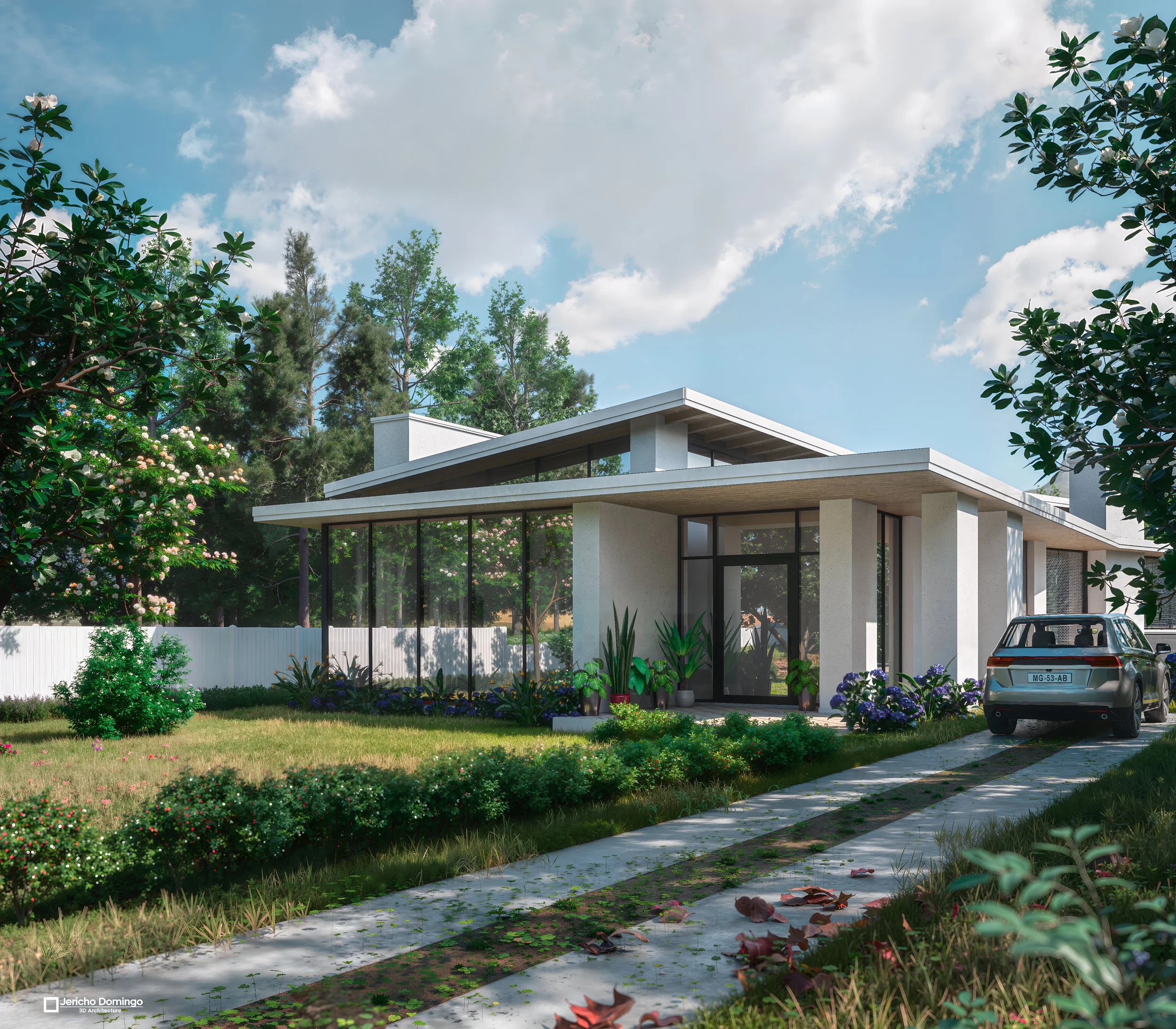 View of the main house set at the back of the site, featuring large glass windows, clean modern lines, and landscaped greenery framing the structure.