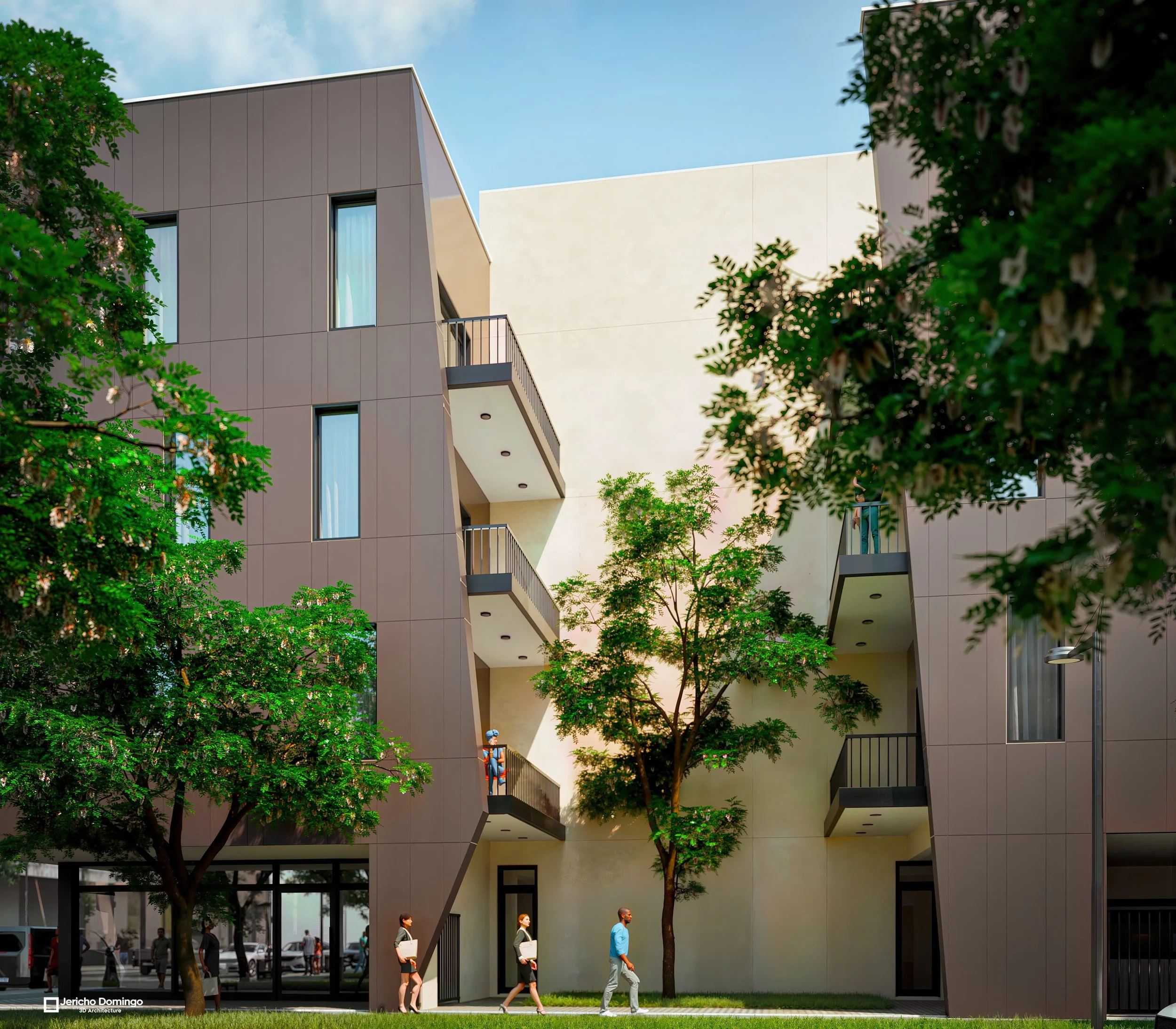 Courtyard entry perspective between two wings of the building, highlighting balconies, ground-floor storefront glazing, and people walking under mature trees.