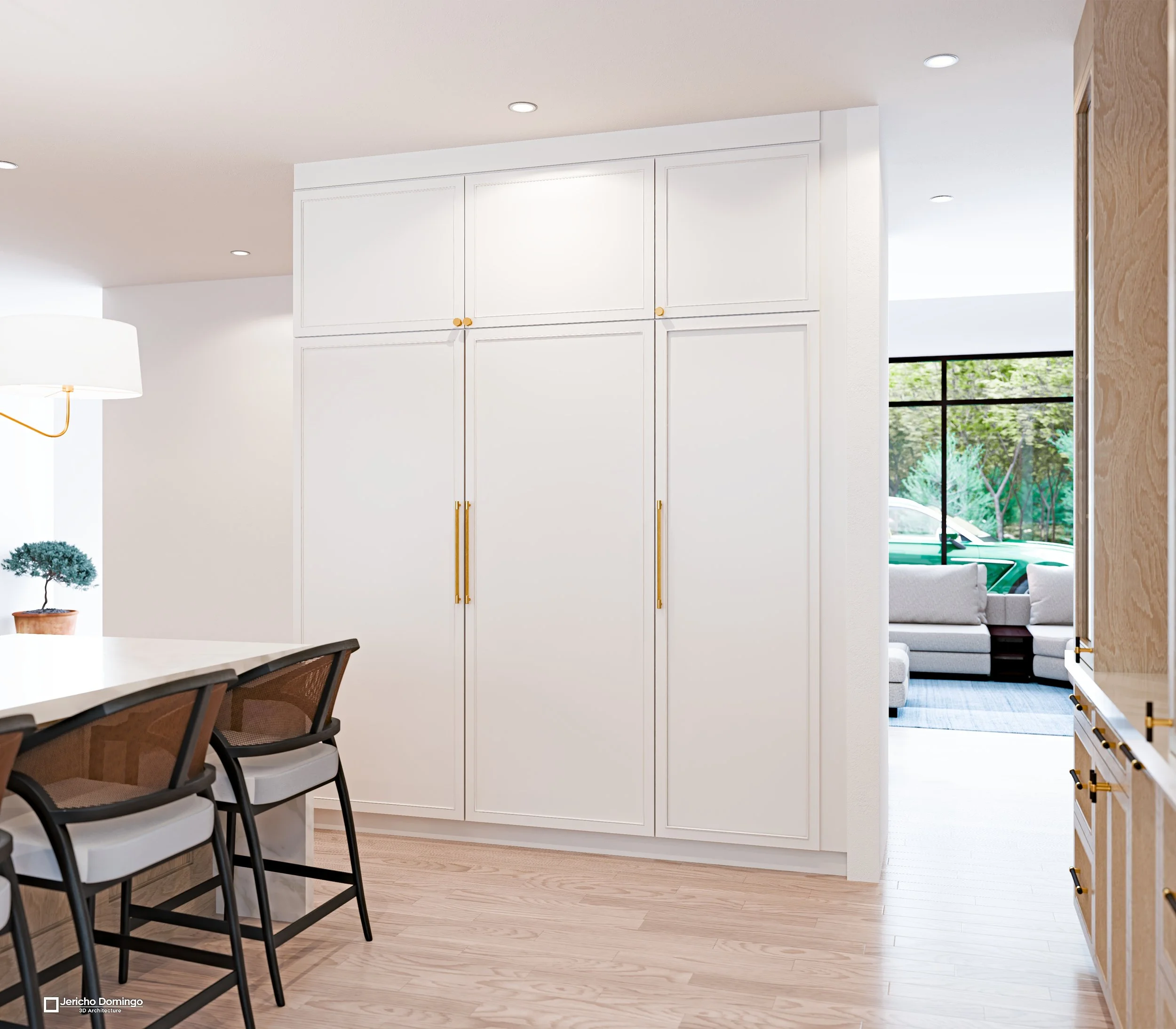 Panel-ready built-in refrigerator wall beside the seating island, with a glimpse into the adjacent living area.