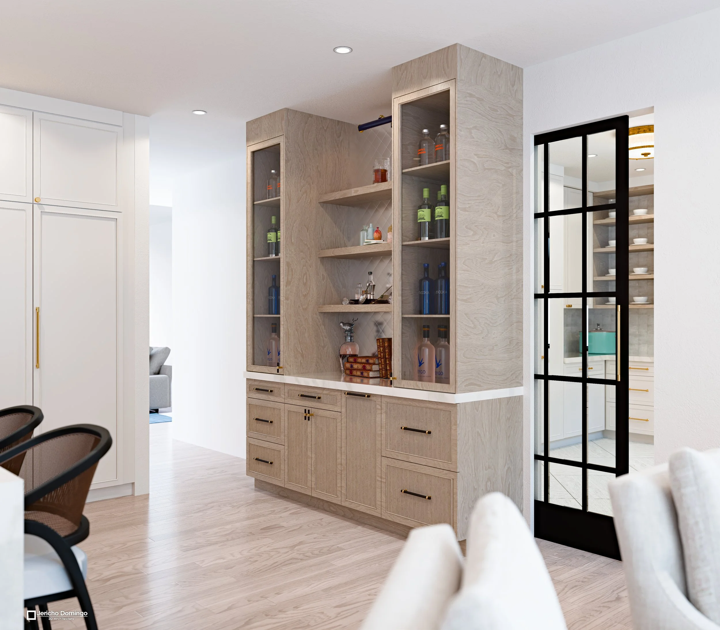 Integrated bar and display cabinetry in light oak with glass doors and open shelves; black steel-frame door leads to pantry.