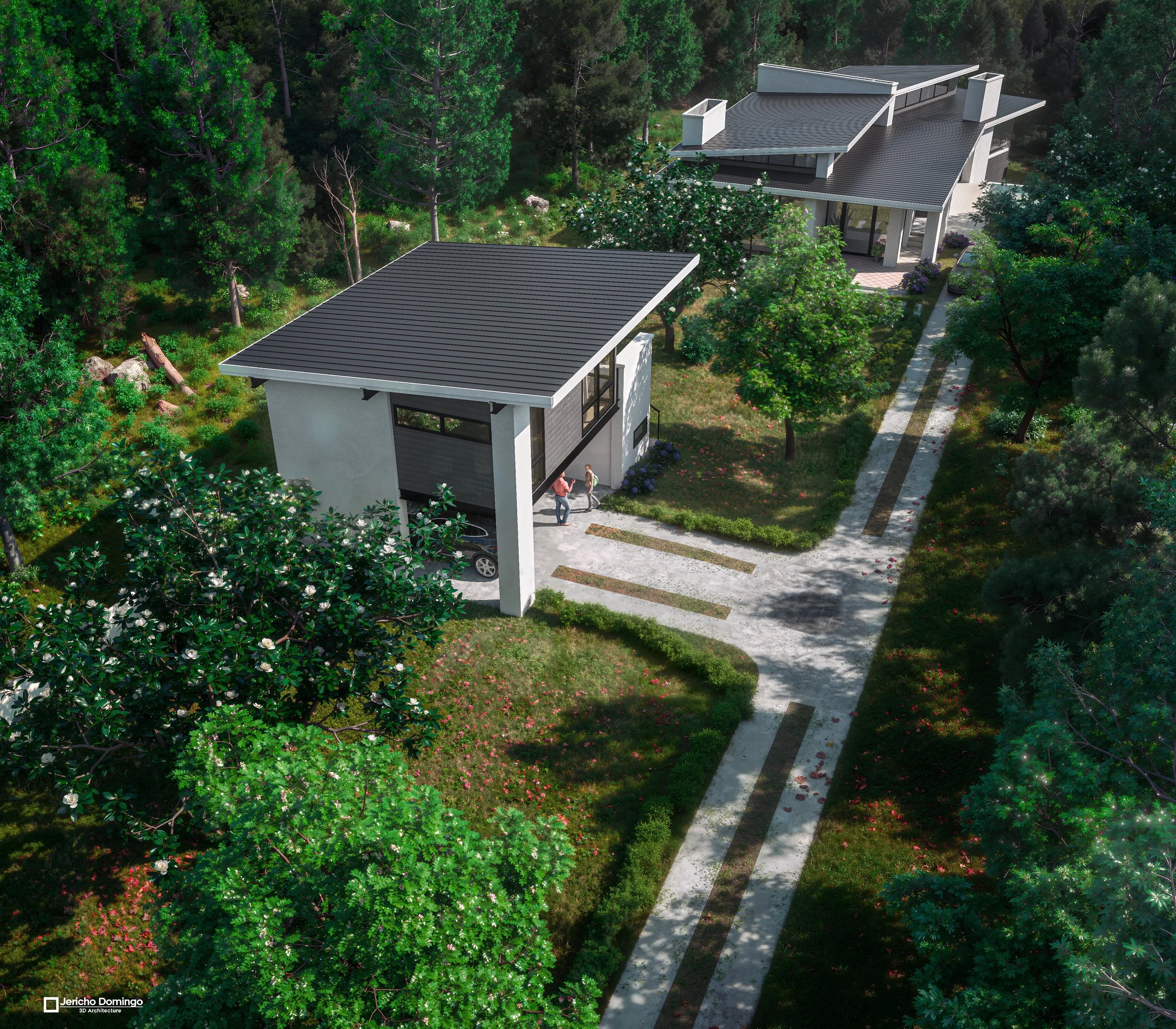 Angled perspective of the modern apartment-over-carpark building with minimalist design elements, complemented by trees and soft shadows for a natural atmosphere.