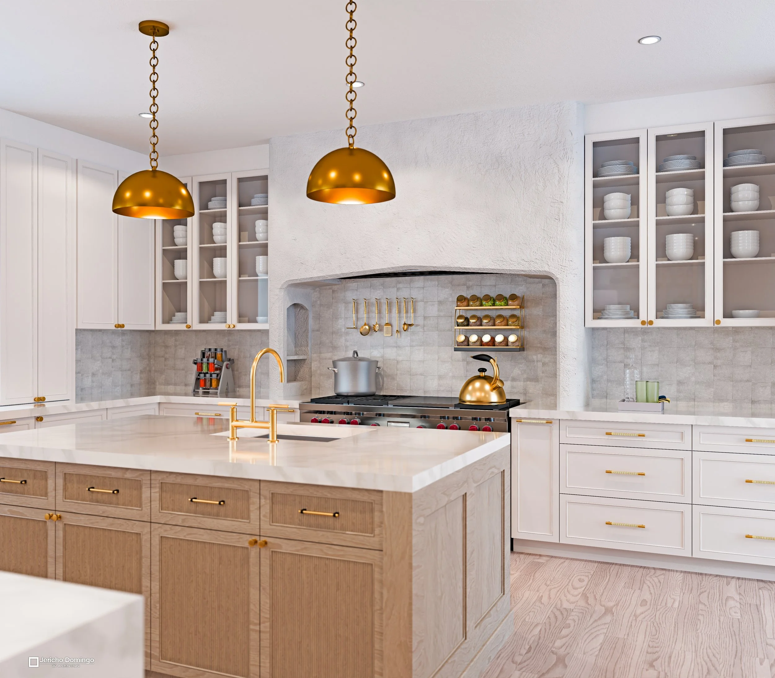 Close view of the main island and pro-range framed by a plaster hood with an arched niche, gray square tile backsplash, and brass dome pendants.
