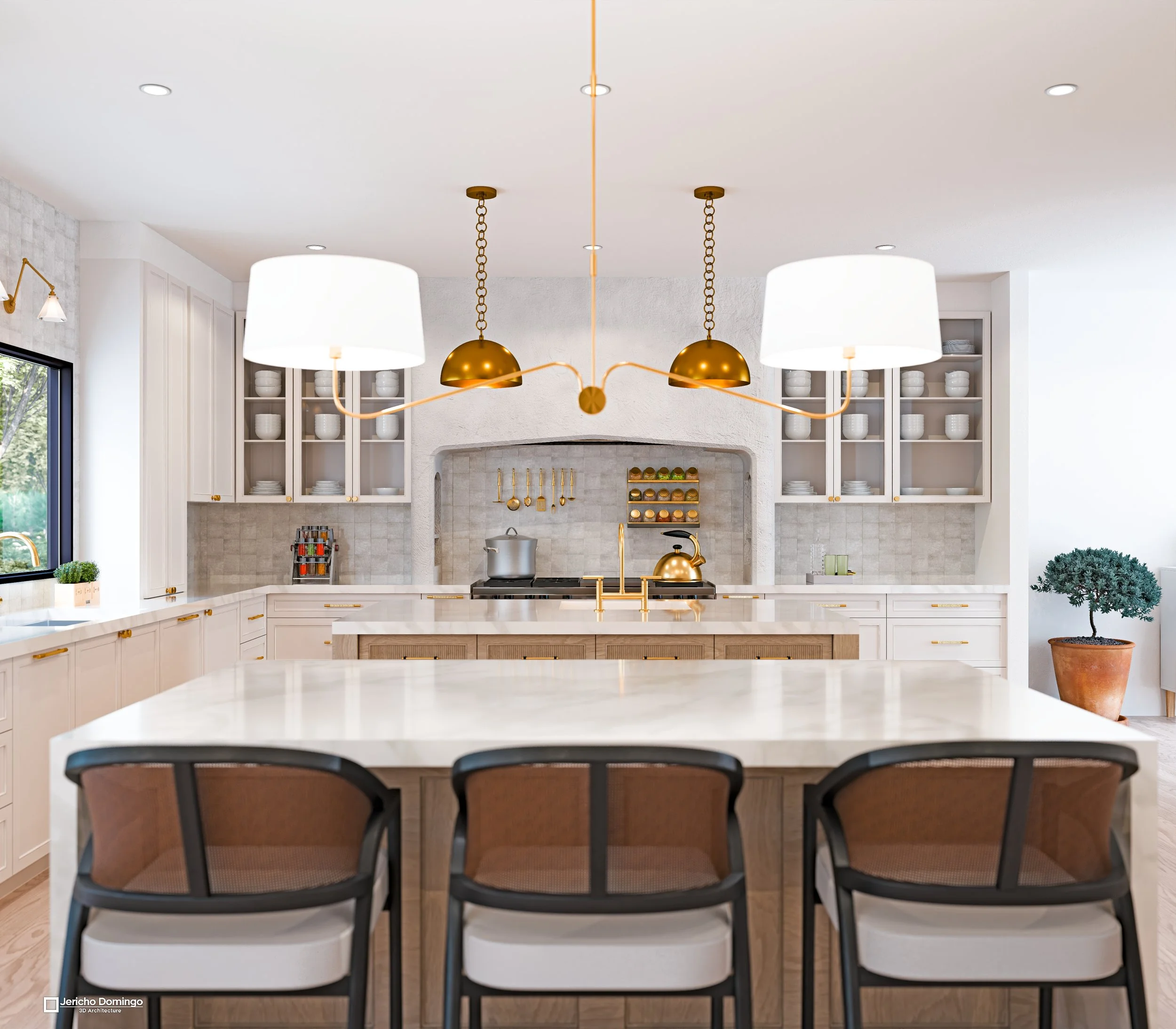 Front seating island with three bar stools and sculptural white-shade chandelier facing the cooking wall with dome brass pendants.