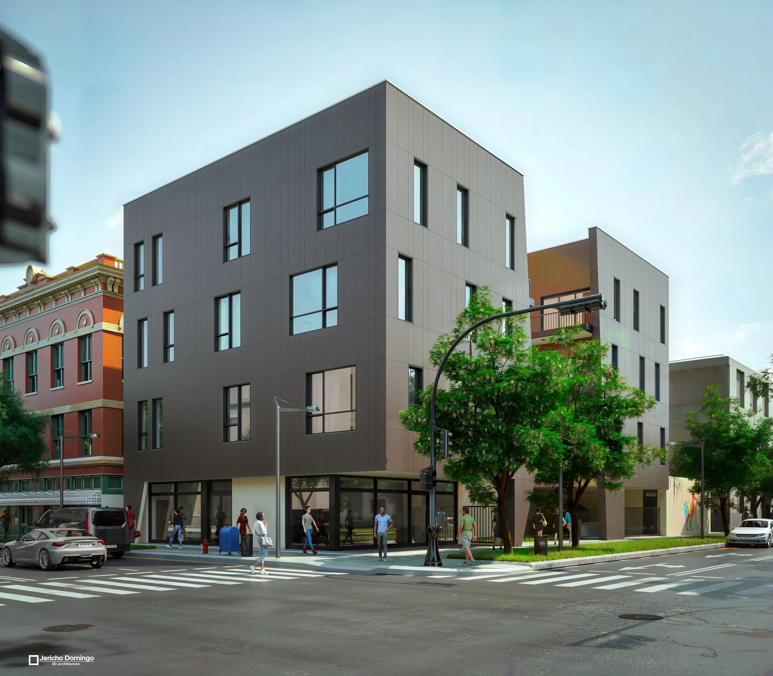Street-level corner view of a four-story modern building with dark metal panel cladding, tall punched windows, and glazed ground floor retail at a Chicago intersection with crosswalks and street trees.