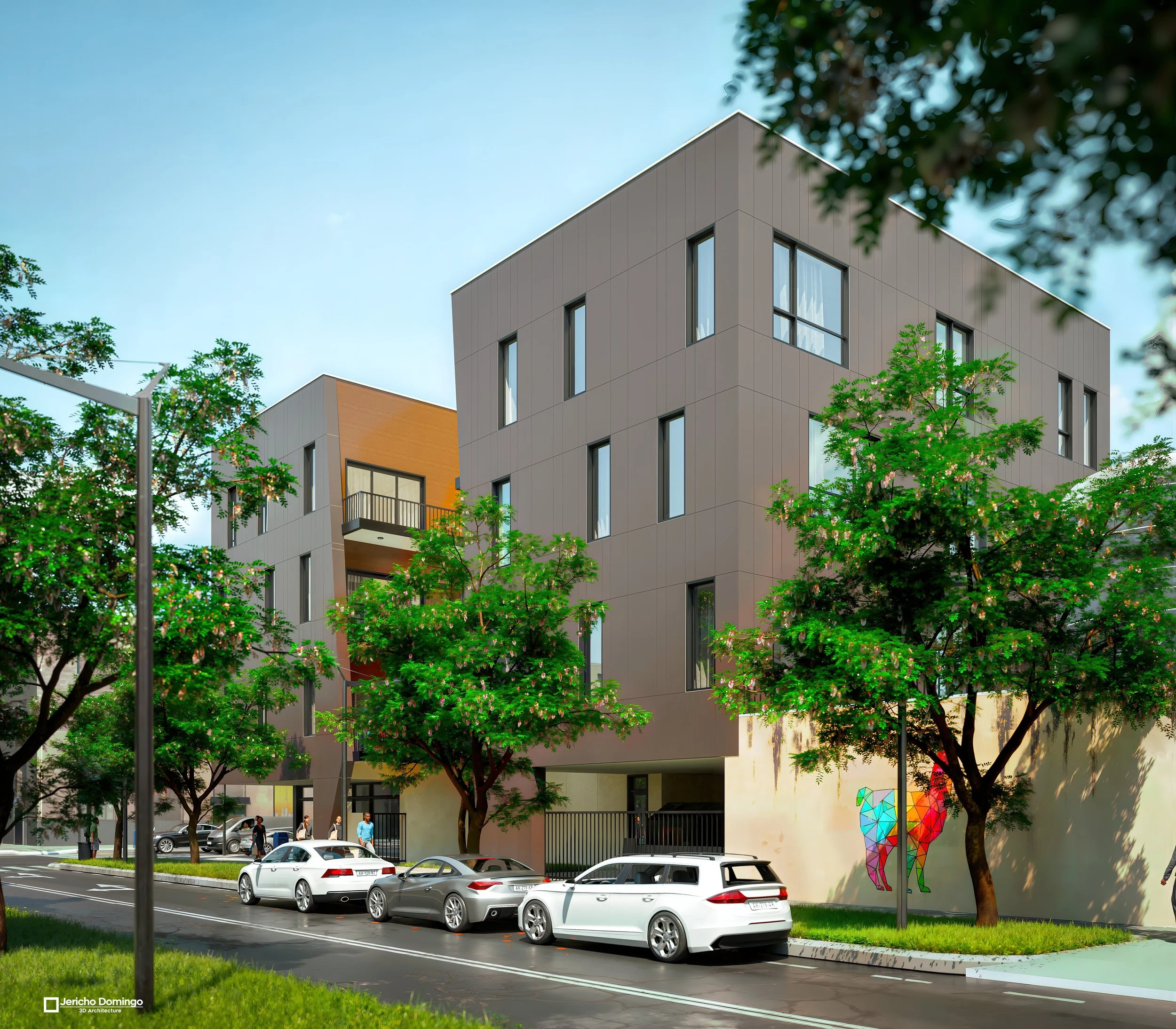 Side elevation along a tree-lined street with a sequence of parked cars, a mural on a courtyard wall, and the building’s metal panel facade wrapping the corner.