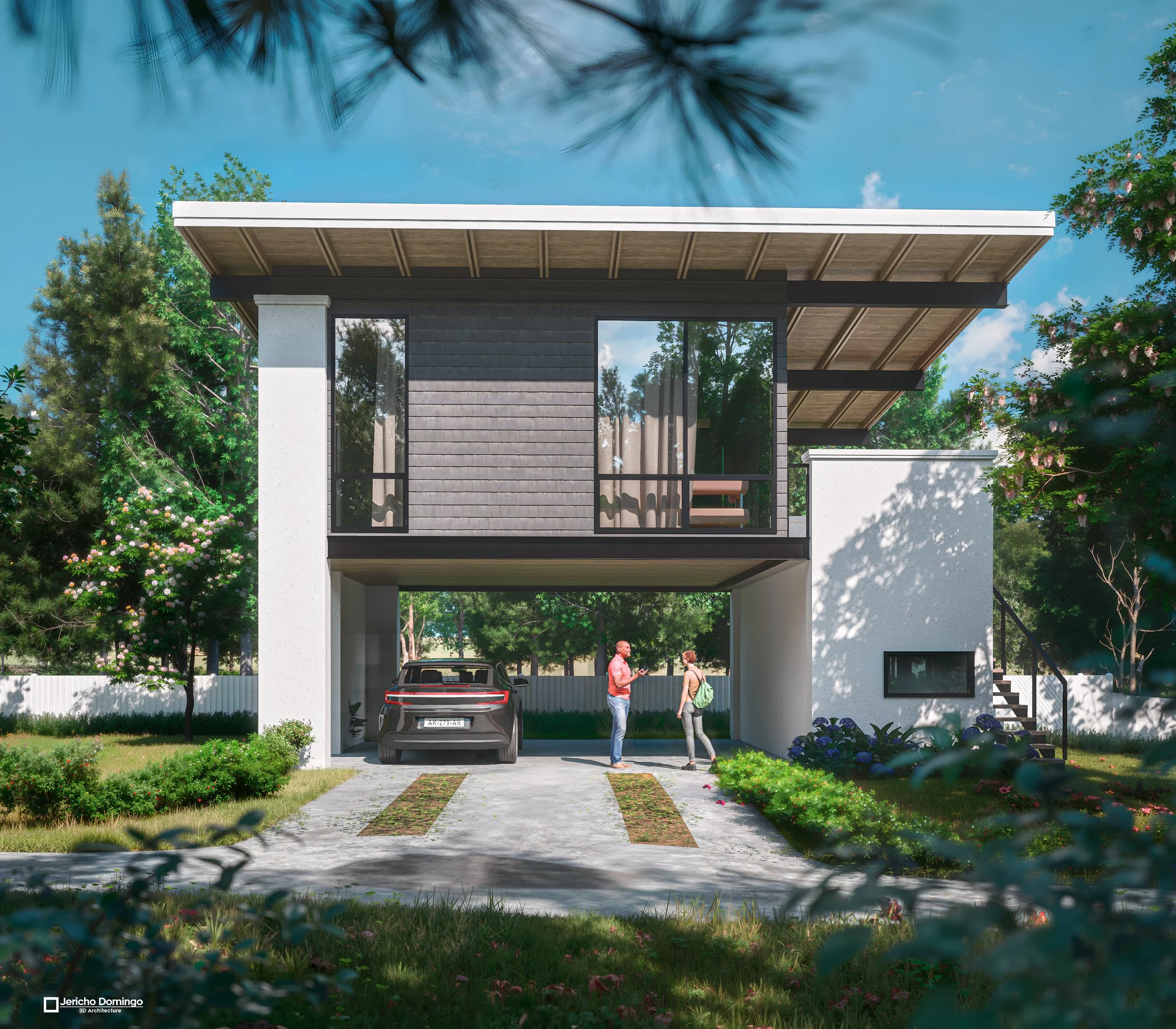 Photorealistic exterior render of a modern two-building residential complex in Austin, Texas, showing the front carpark with an apartment above, surrounded by lush greenery under clear daylight.