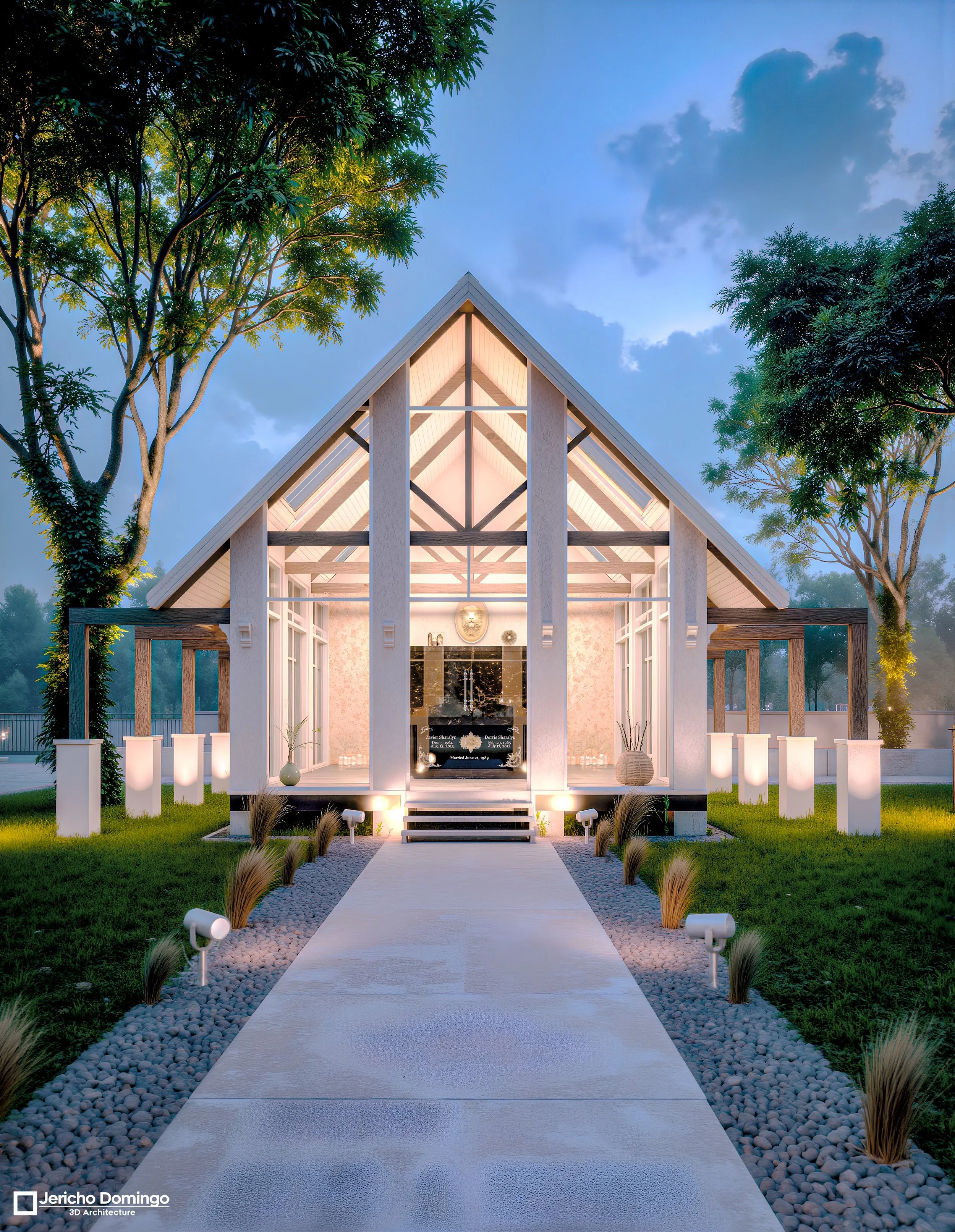 Tranquil Cemetery Garden with Angel Statue and Headstone Benches (Copy)