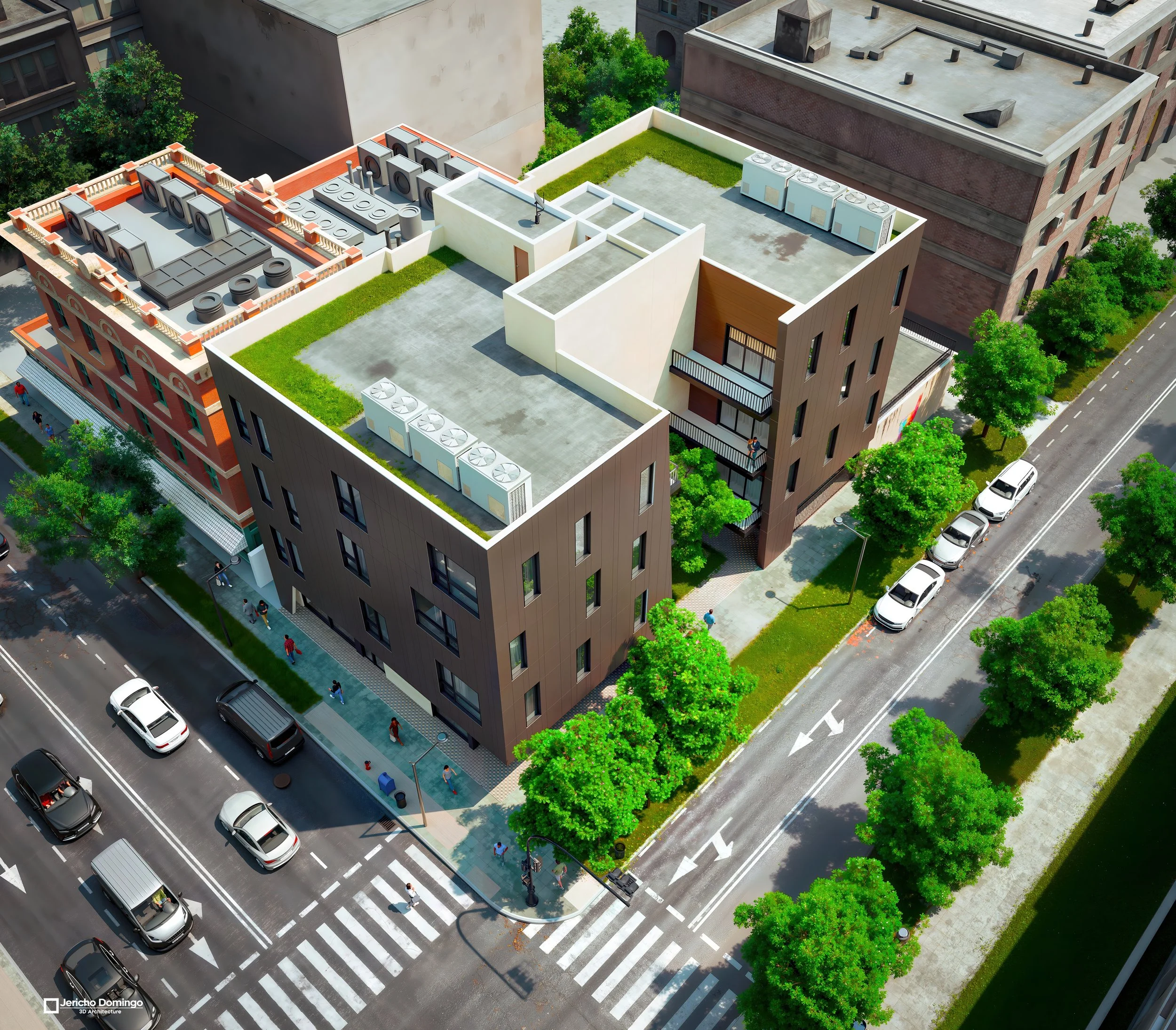 Aerial oblique of the block showing the project’s roof layout with green roof zones and mechanical units, adjacent historic brick building roofs, and tree-lined streets converging at the corner.